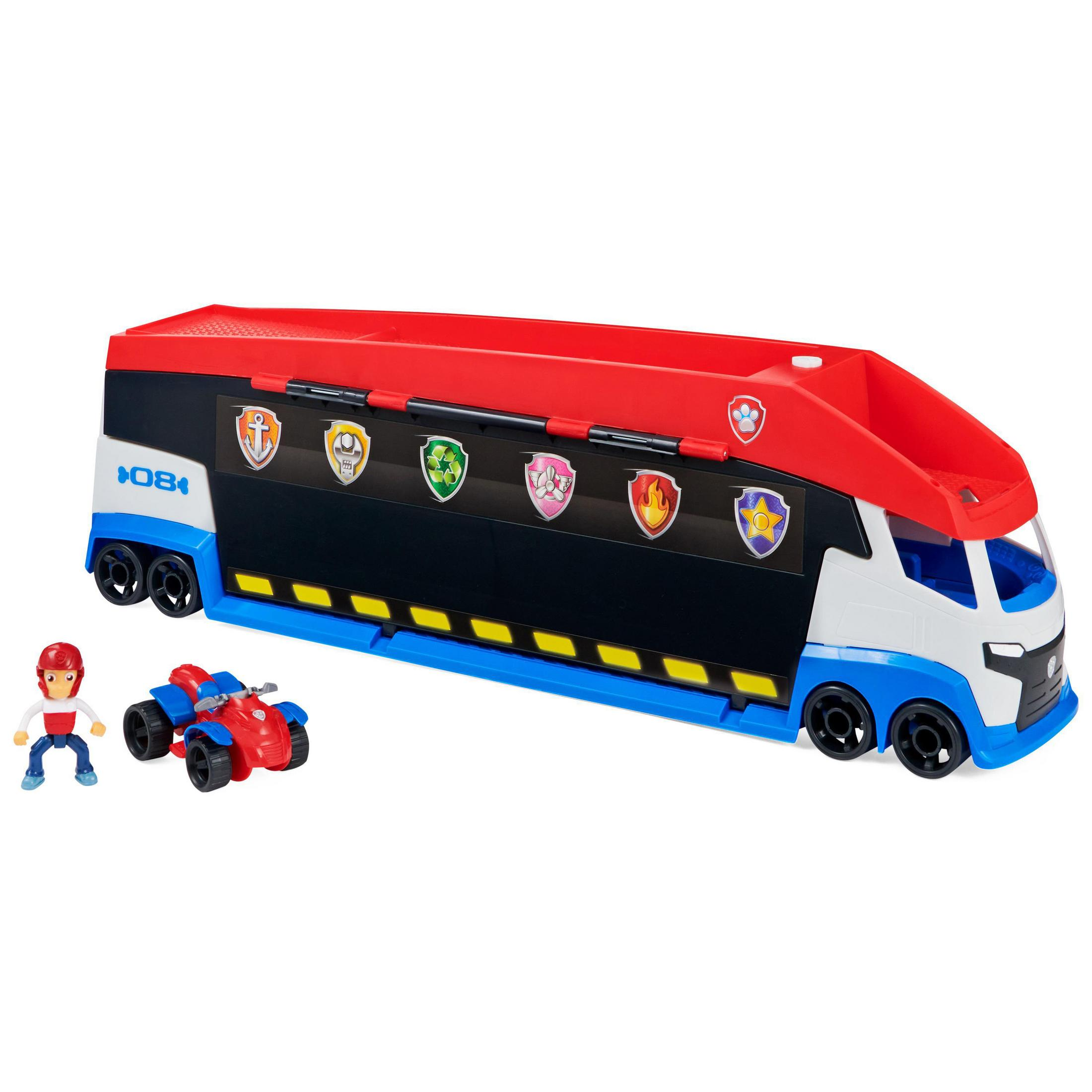 Ein Paw Patrol Spielzeug-LKW mit Figuren und einem kleinen ATV.