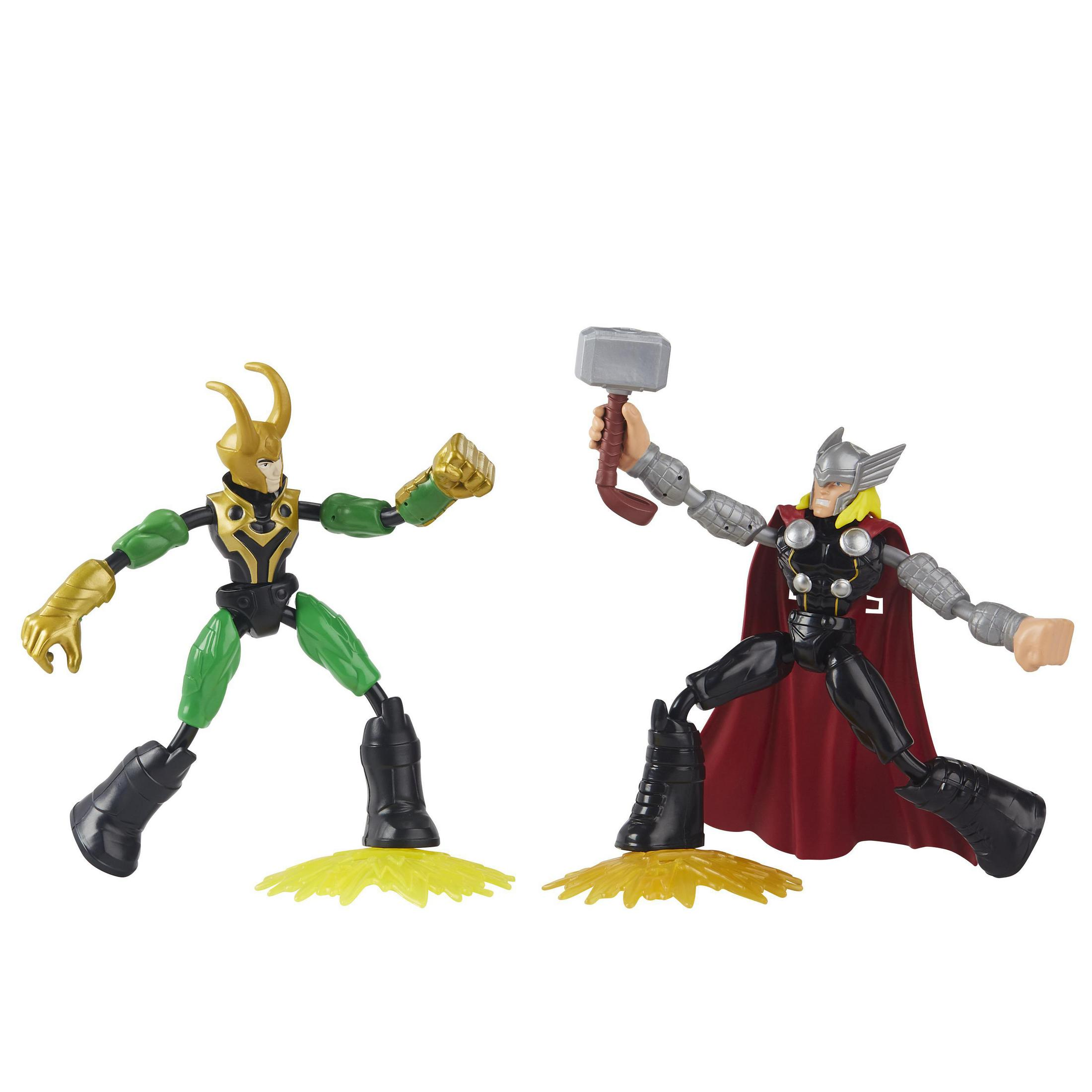 Dwie figurki akcji Marvela, Loki i Thor, w dynamicznej pozie, na białym tle.