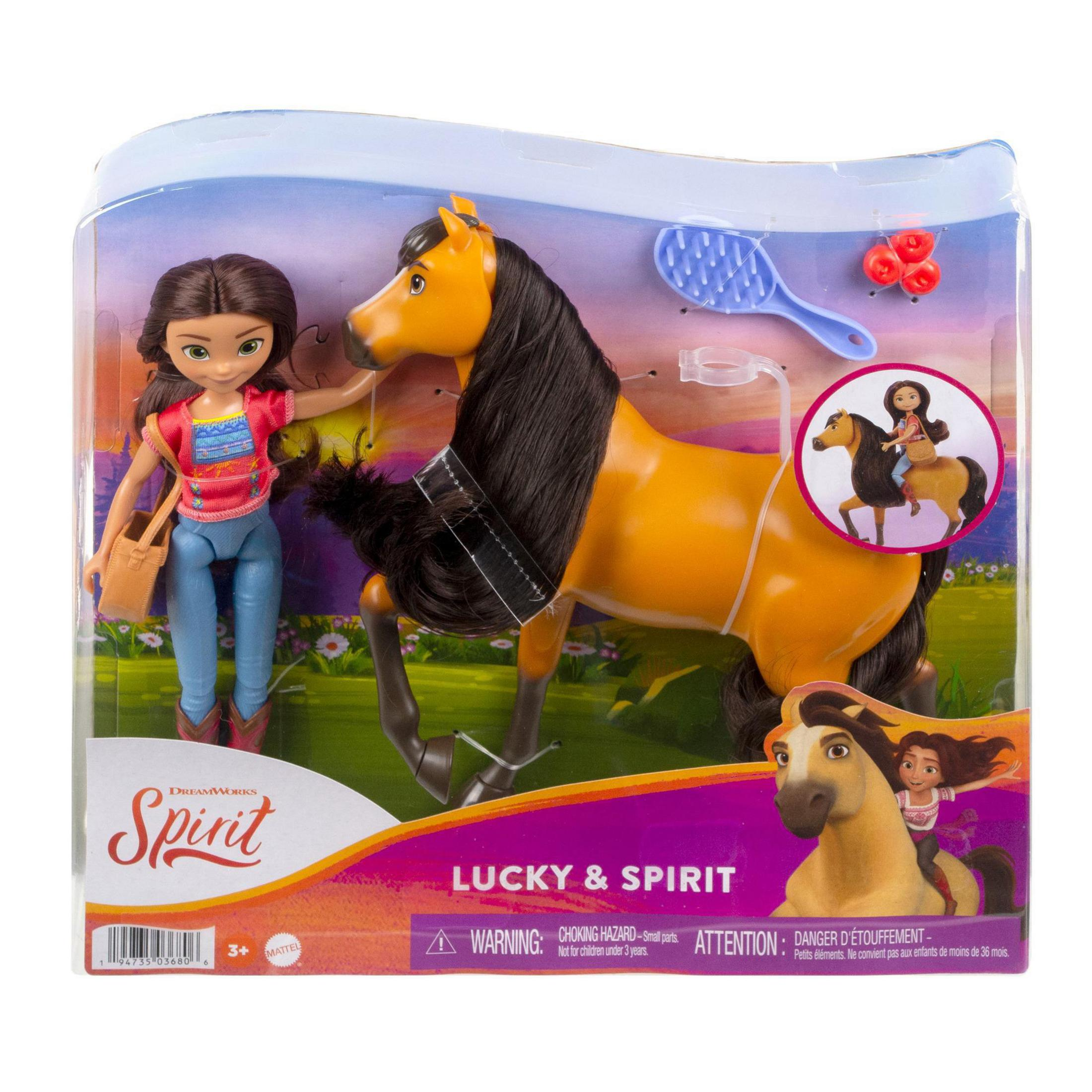 Zestaw z zabawkami przedstawiający konia i lalkę. Opakowanie zawiera tekst i obrazy.