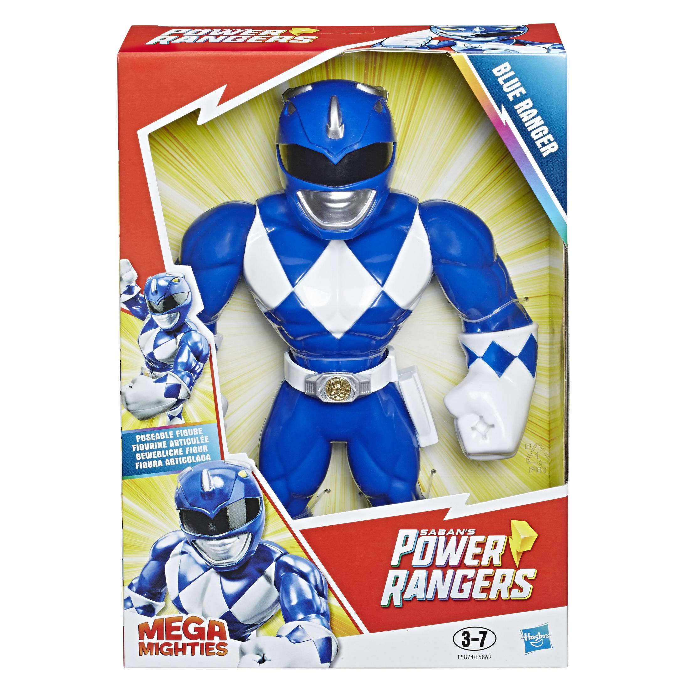 Figurka Power Rangers w pudełku, figurka to niebieski ranger, z dynamicznym tłem.