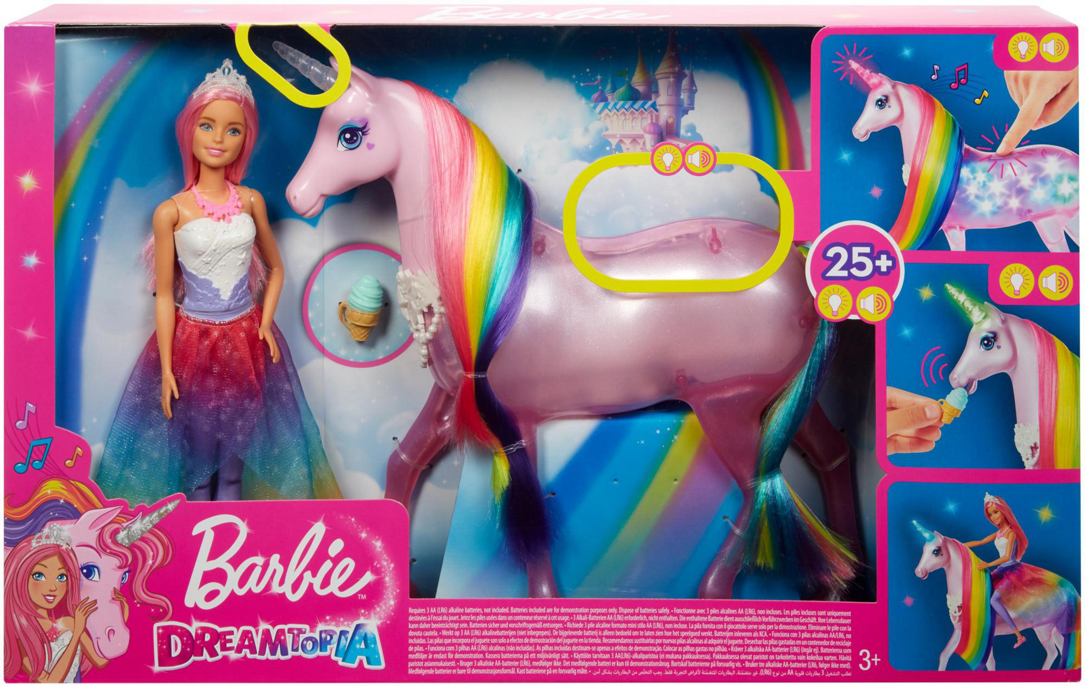 Zestaw zabawek Barbie Dreamtopia z lalką Barbie i jednorożcem. Kolorowe opakowanie ze zdjęciami.