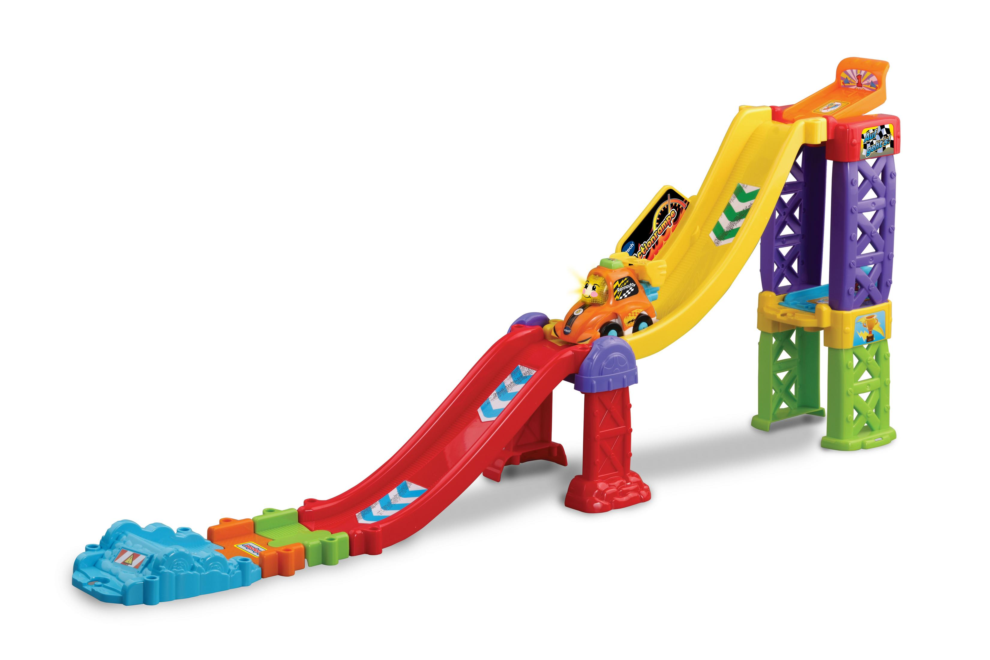 Bunte Spielzeug-Rennstrecke mit Auto, roten und gelben Rampen und blau-grüner Basis.