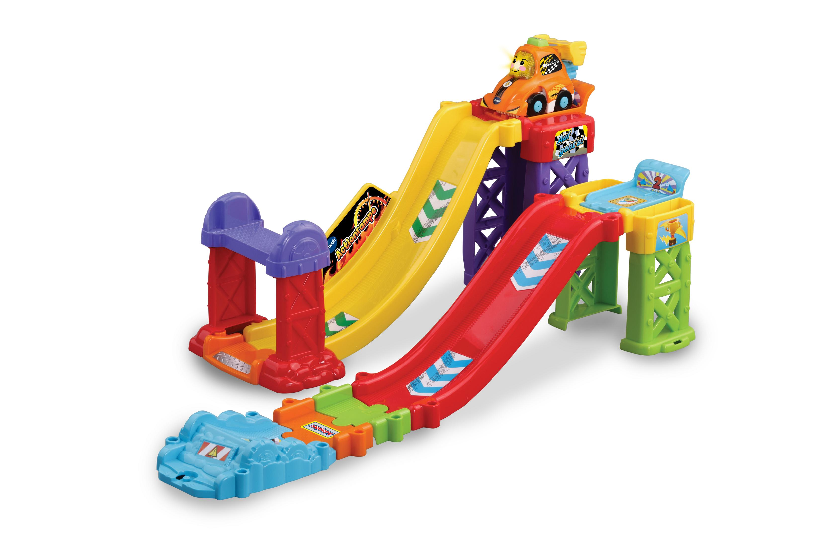 Eine Spielzeug-Rennstrecke mit zwei Rampen und einem Auto, farbenfrohes Design.