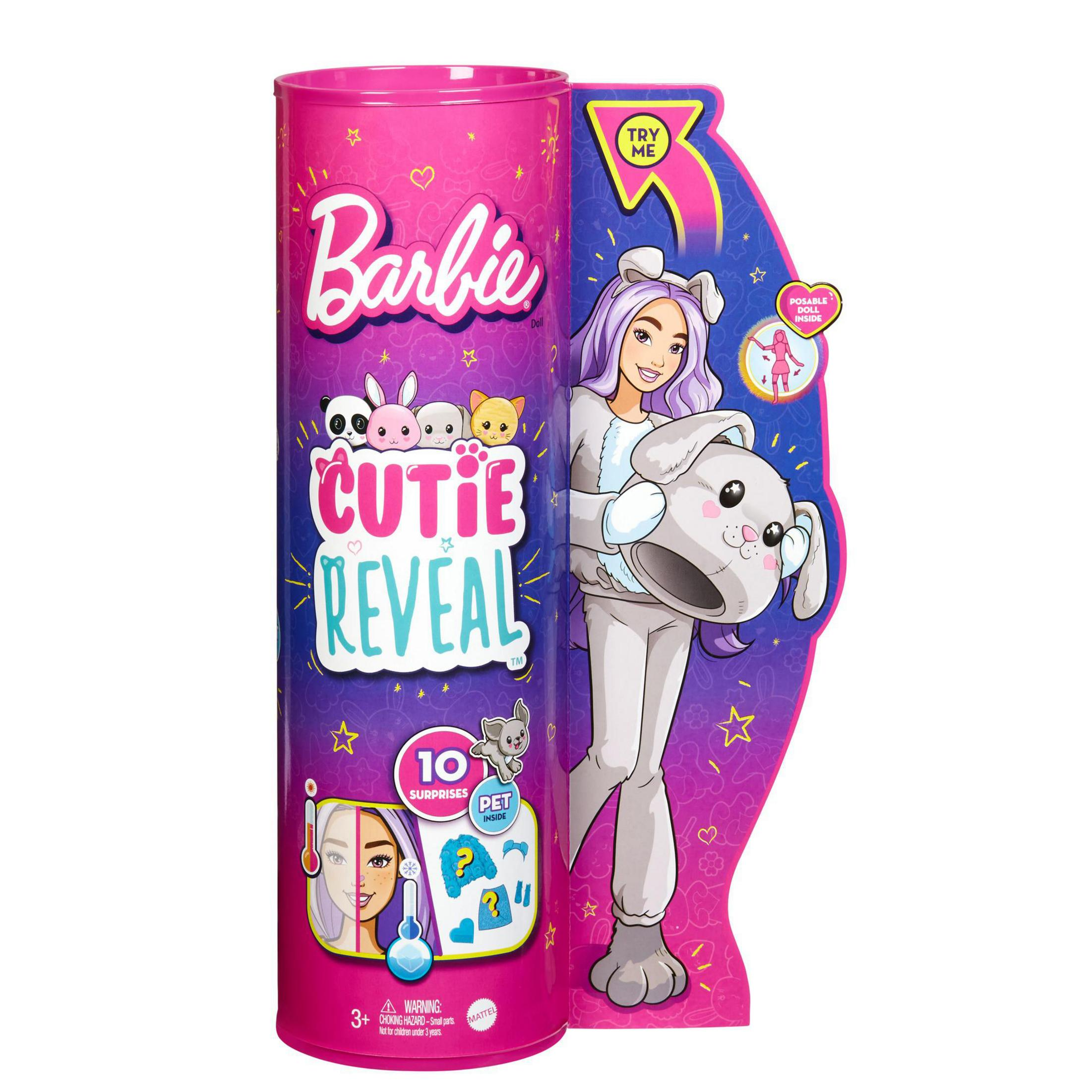 Różowe pudełko Barbie Cutie Reveal z lalką w stroju królika. Widoczne akcesoria.