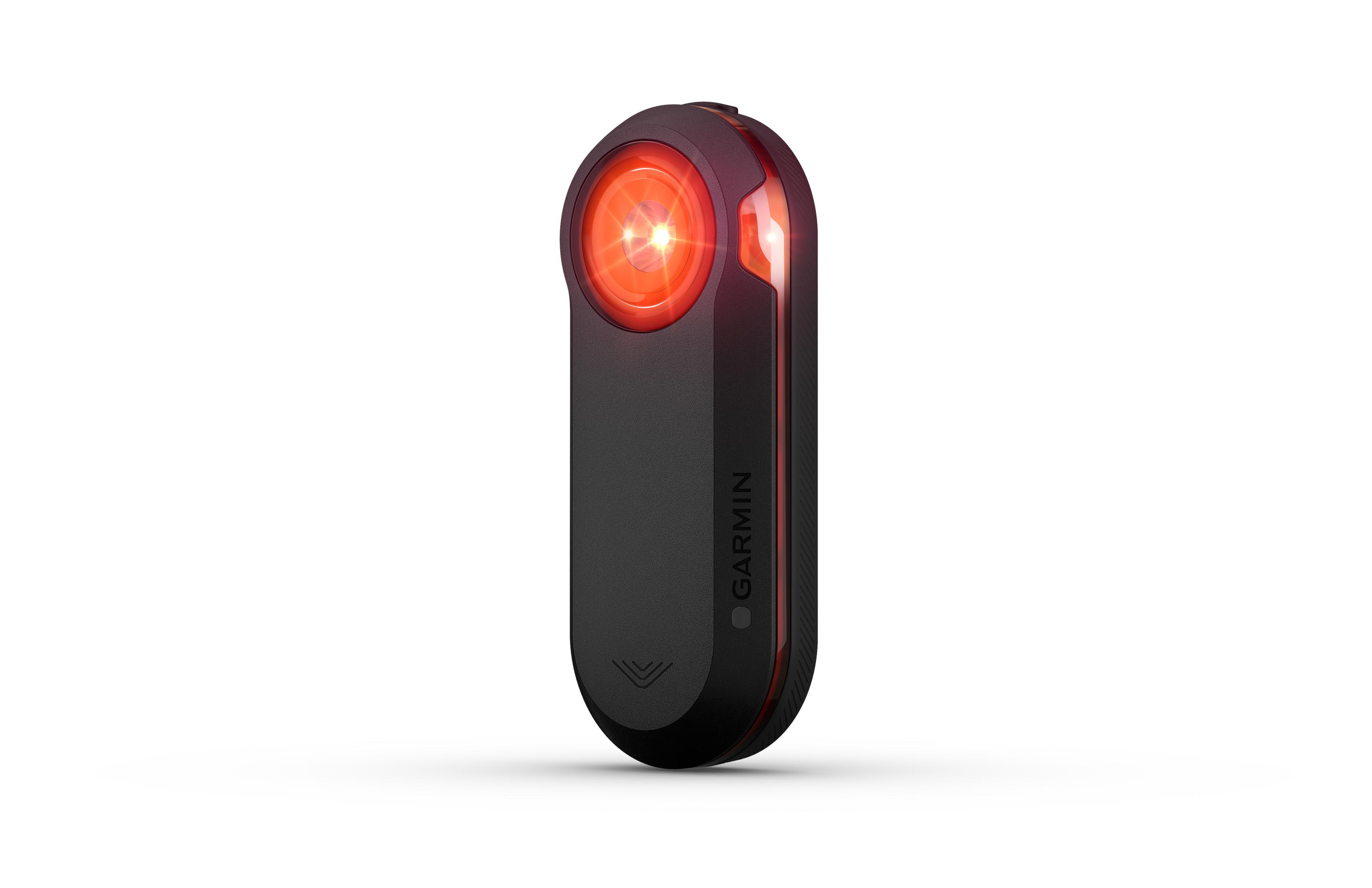 Schwarzes Garmin Fahrradlicht, rotes Licht leuchtet.
