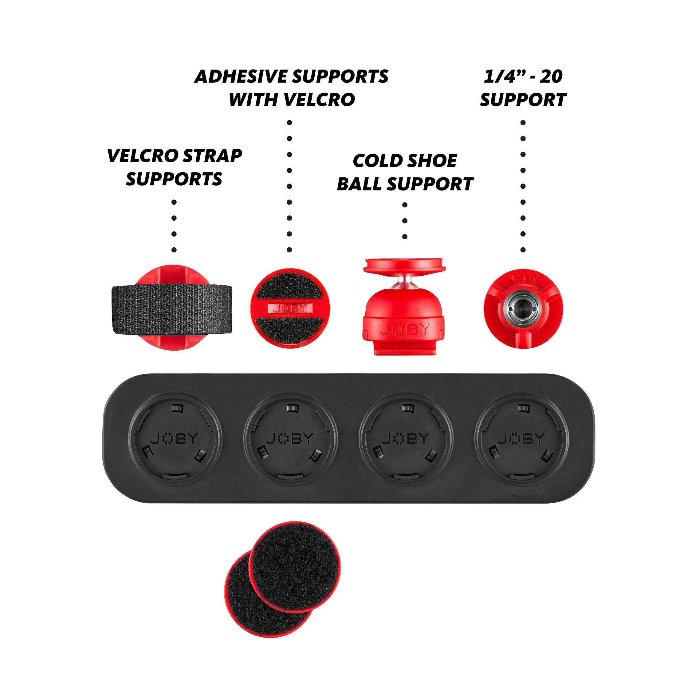 Accesorios de cámara variados: correas de velcro, soportes y un soporte de rótula.