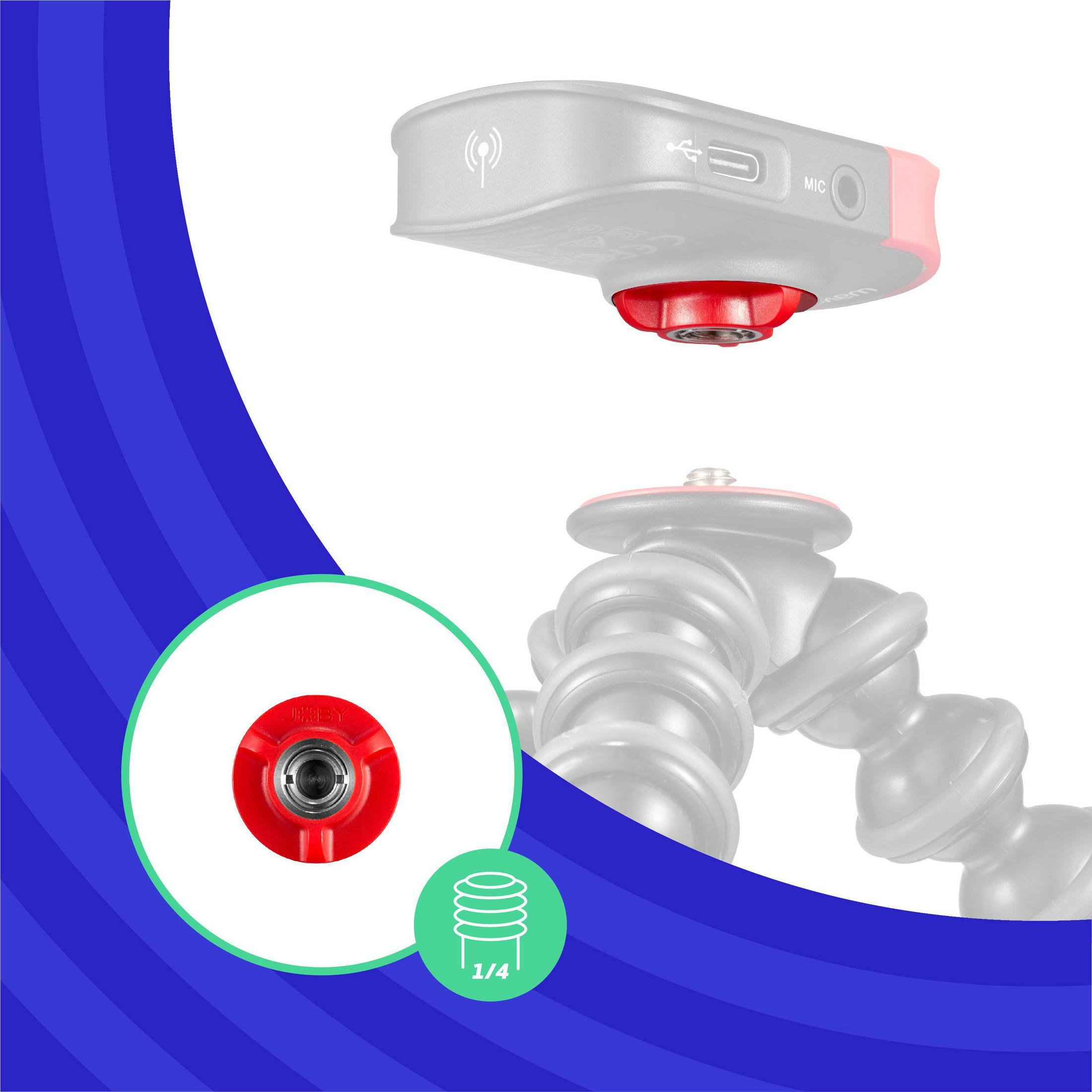 Soporte rojo para cámara de acción, con un icono verde que indica una rosca de 1/4 de pulgada.