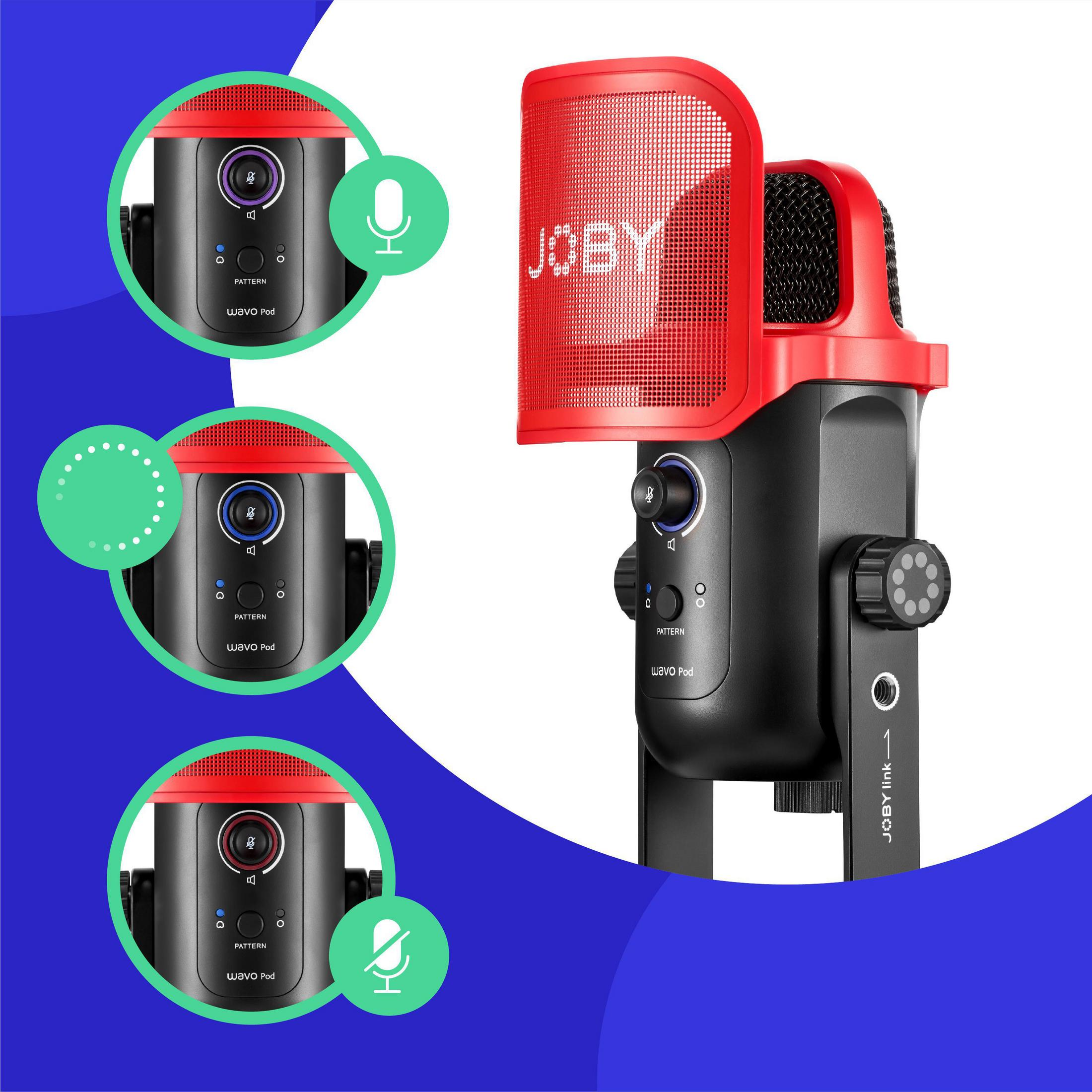 Micrófono Joby negro y rojo con tres indicadores luminosos y una luz.