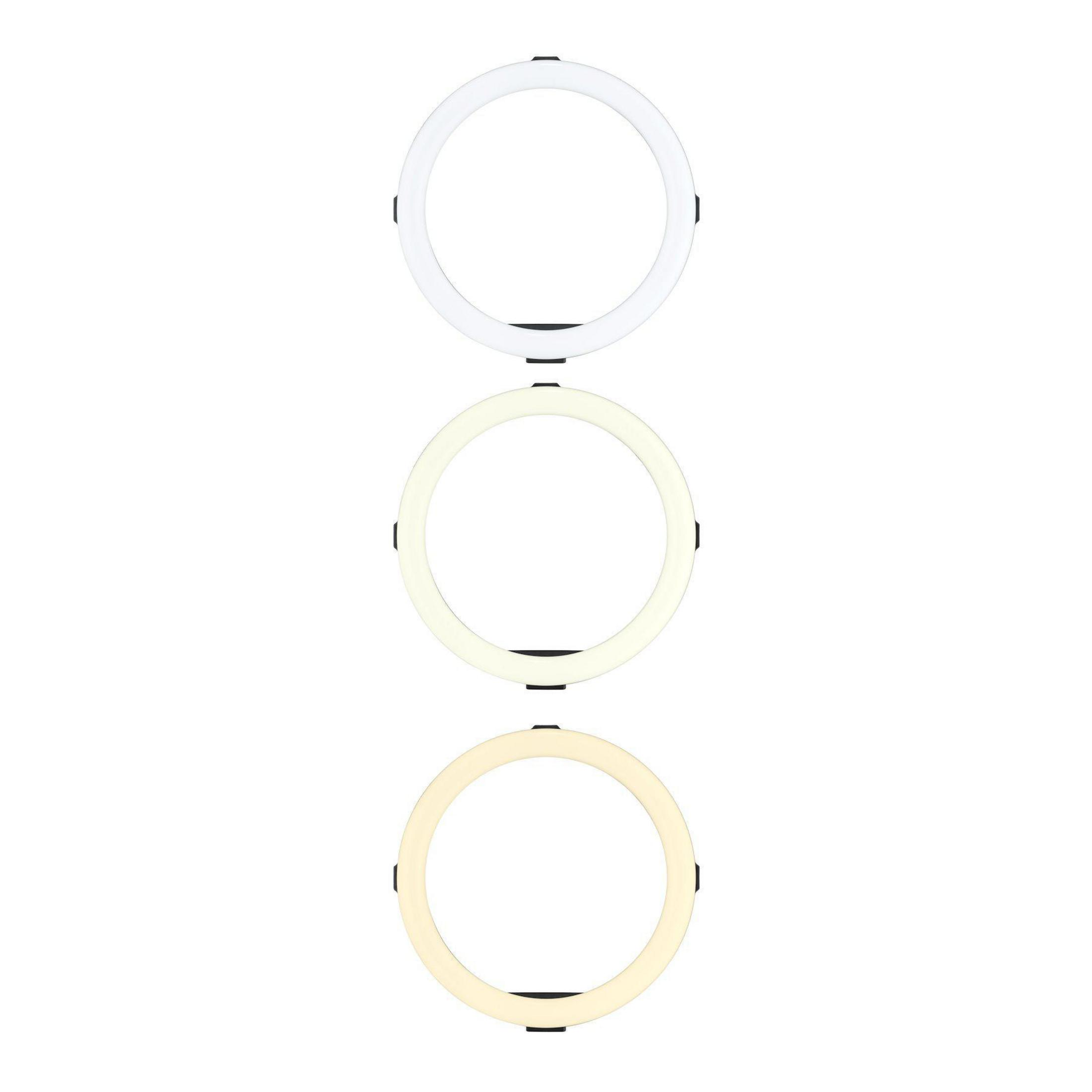 Tre luci a LED circolari a incasso. Colori bianco, crema e giallo. Sfondo bianco.