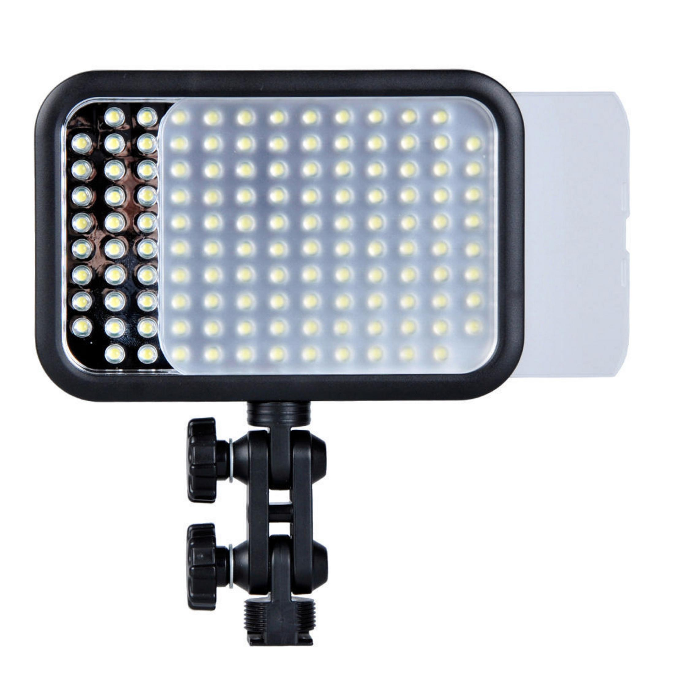 LED-Videoleuchte mit verstellbarer Halterung und weißem Diffusor.