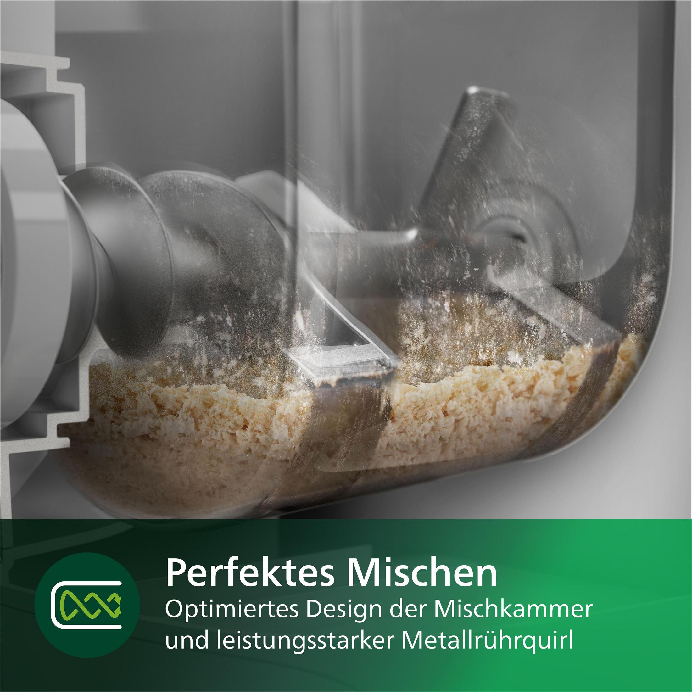 Widok od wewnątrz robota kuchennego mieszającego składniki. Beżowe jedzenie jest mieszane przez metalowe części w przezroczystym pojemniku.