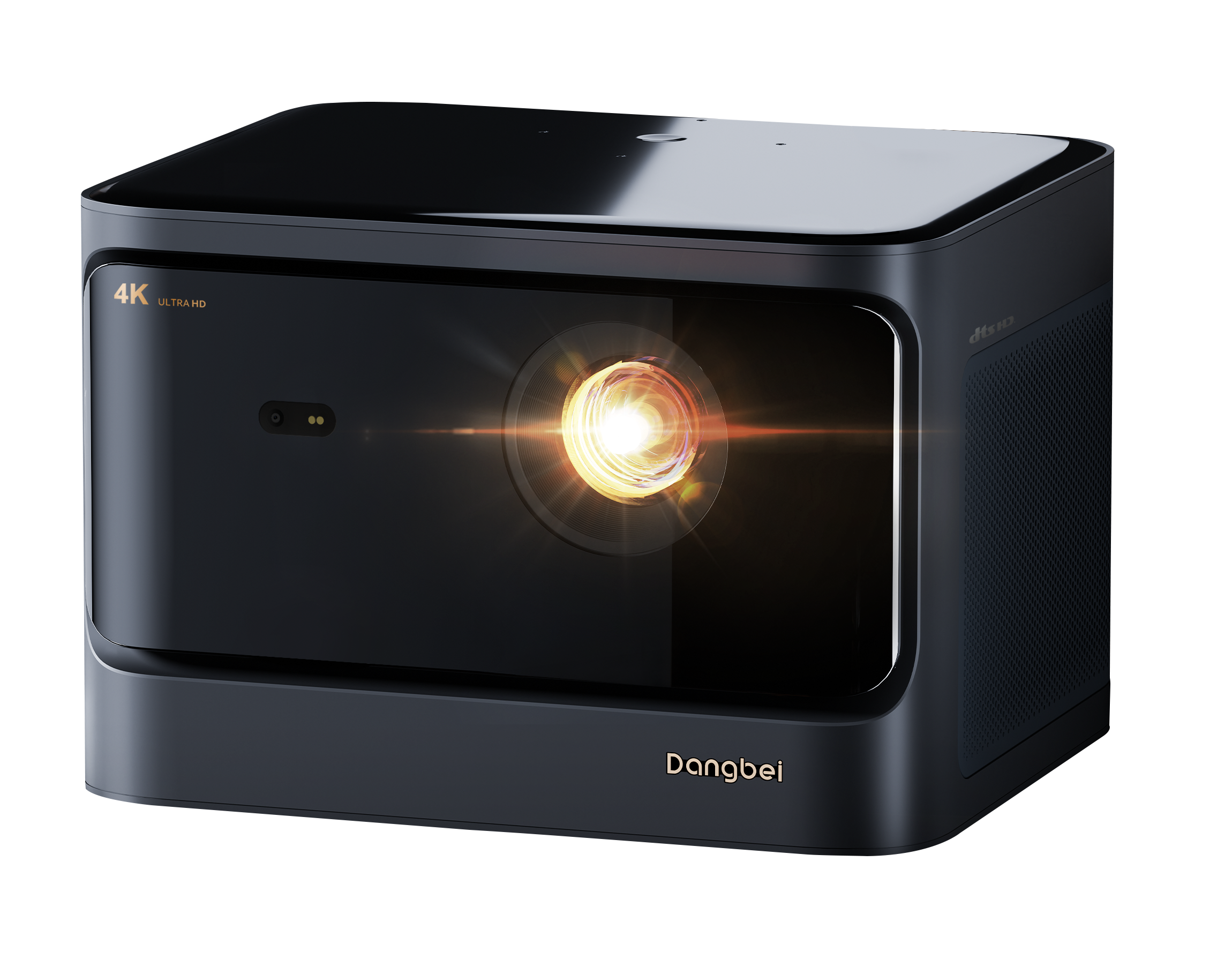 Schwarzer Dangbei-Projektor mit leuchtender Linse. Der Text "4K ULTRA HD" ist sichtbar.