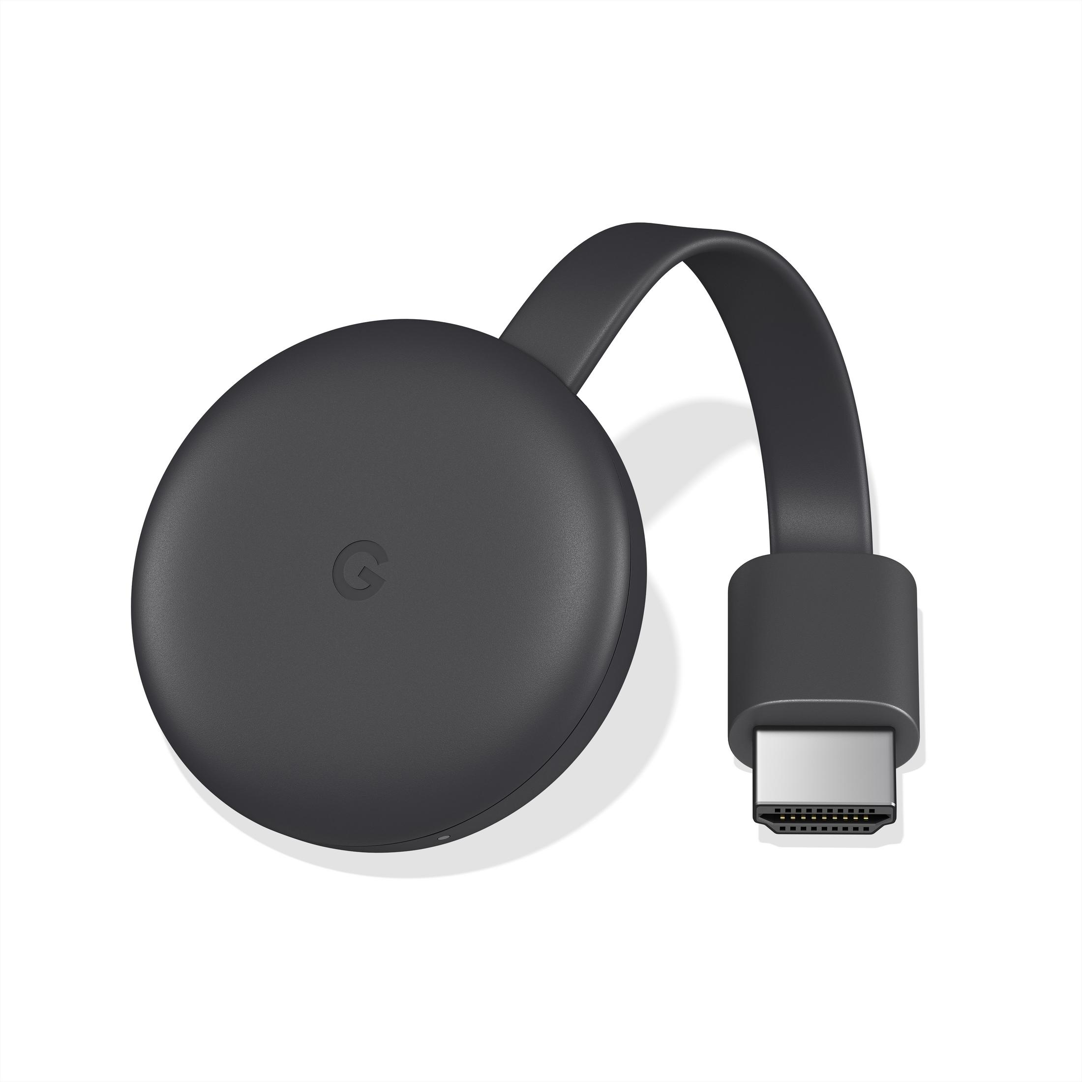 Schwarzes Google Chromecast mit Kabel und HDMI-Anschluss. Weißer Hintergrund.