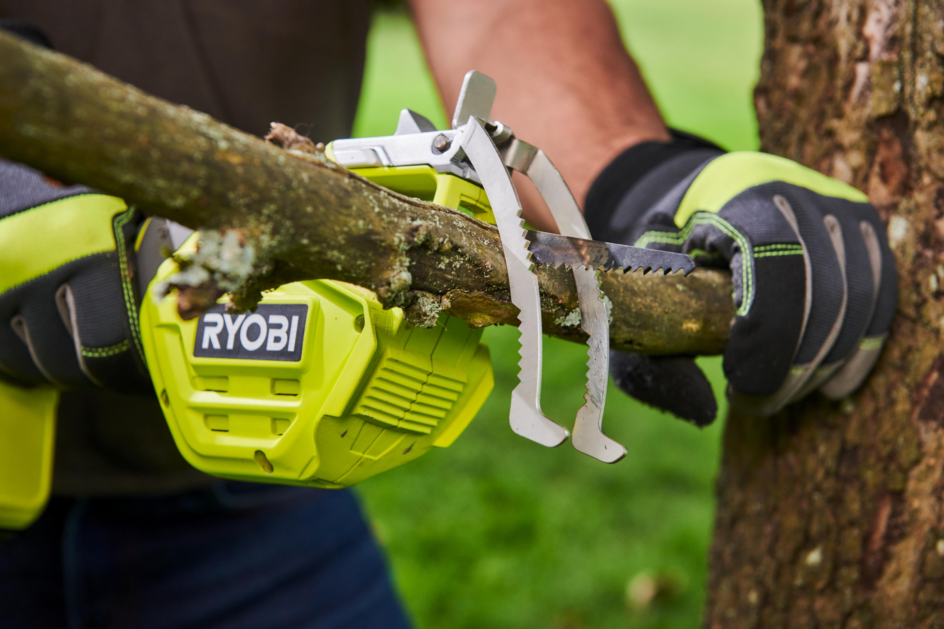 Eine Person, die eine Ryobi-Säge verwendet, um einen Ast an einem Baum zu schneiden. Grün-gelbes Werkzeug, grüne Handschuhe.
