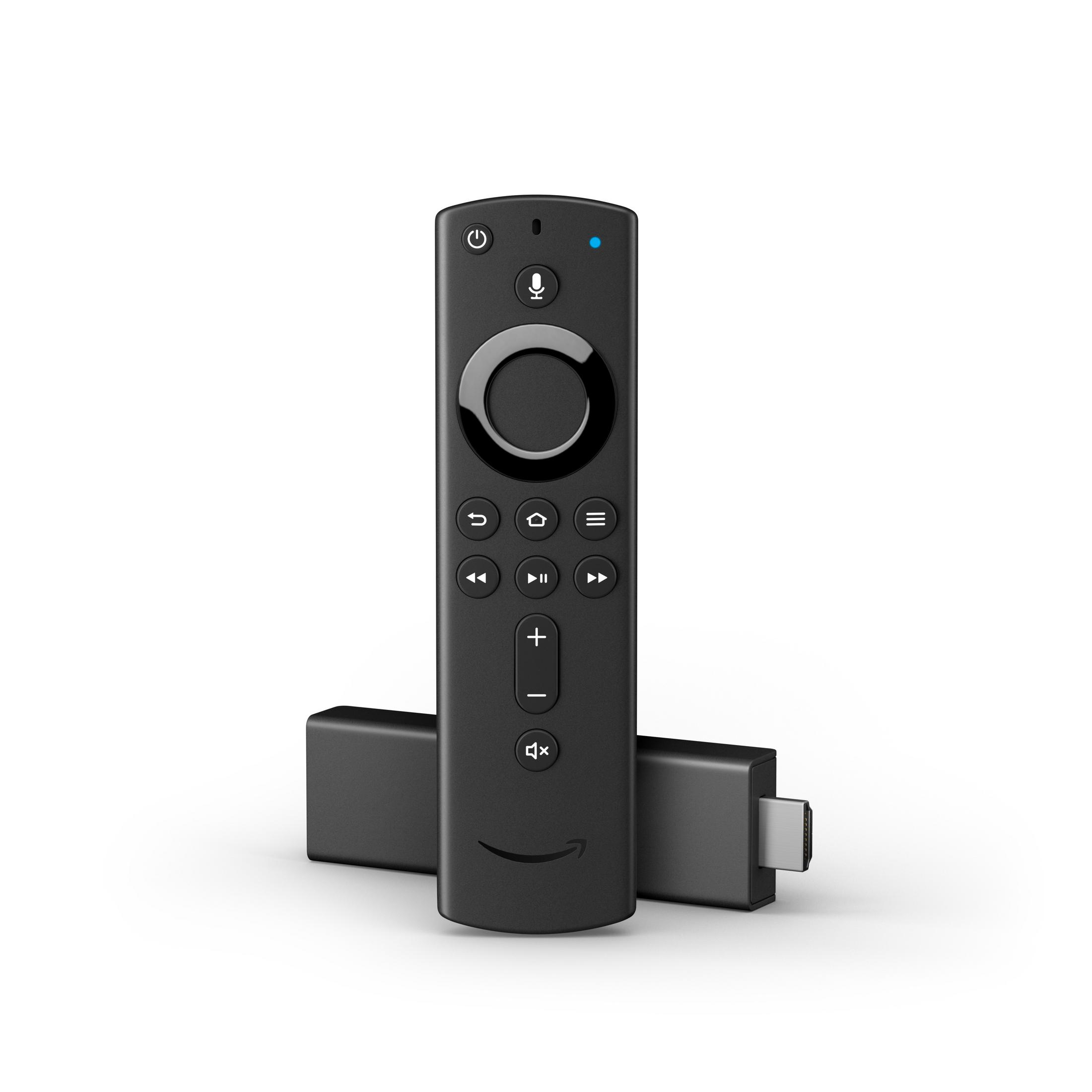 Schwarze Fire TV Fernbedienung und Stick. Schwarz mit blauem Licht. Weißer Hintergrund.
