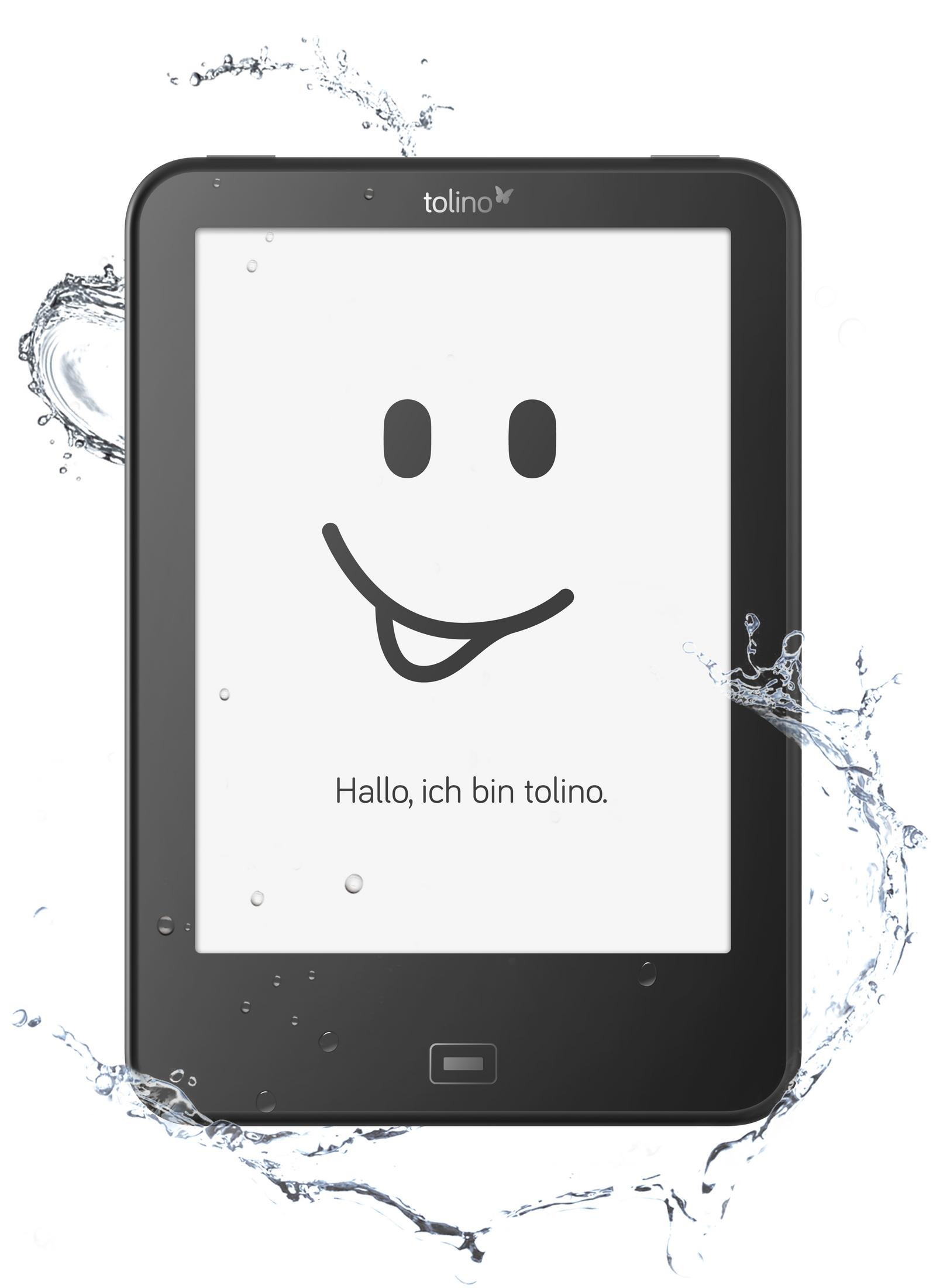 Schwarzer E-Reader mit einem lächelnden Gesicht auf dem Bildschirm, umgeben von Wasserspritzern.