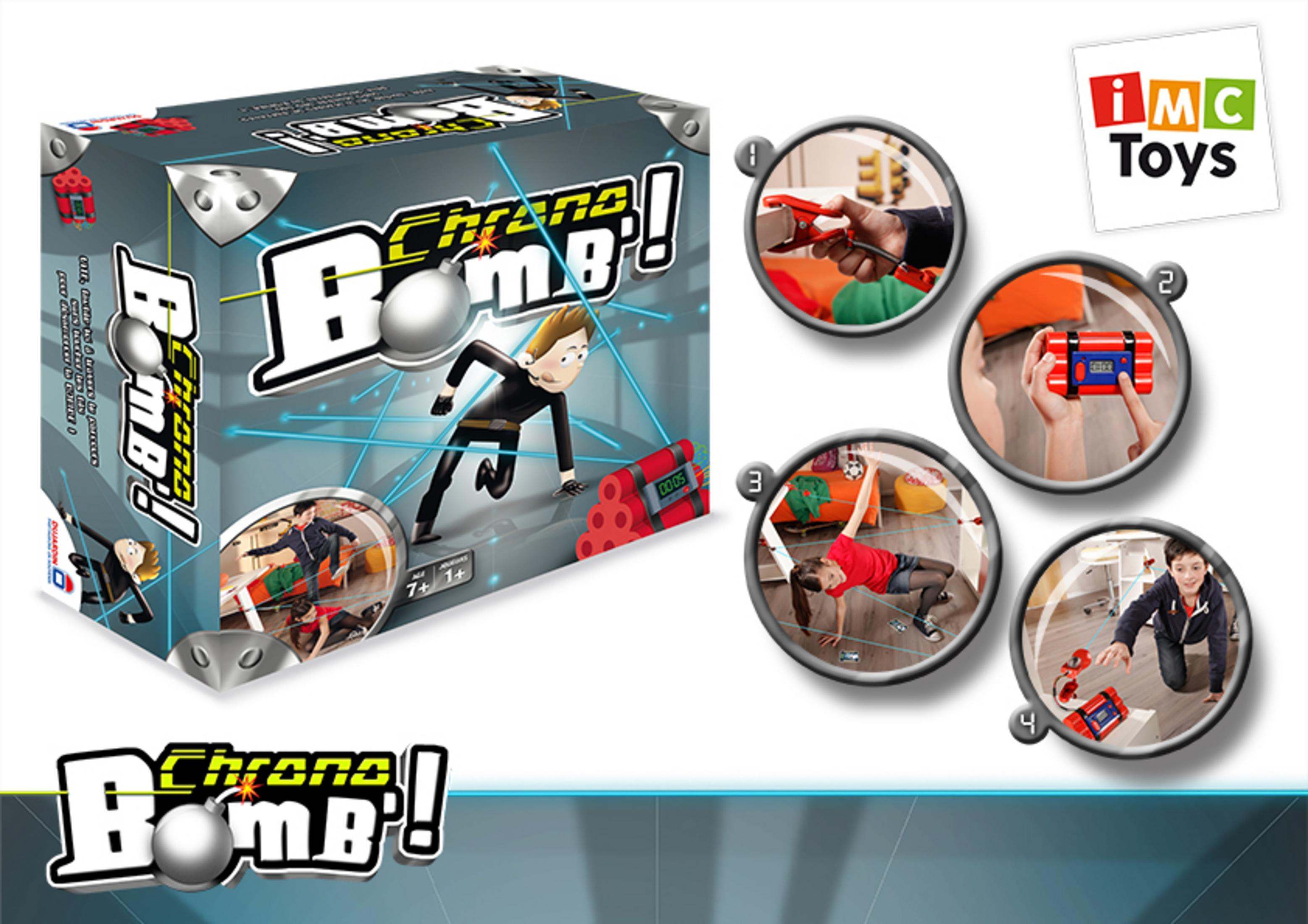 Chrono Bomb! Spielbox mit Spielsteinen und Bildern von spielenden Kindern.