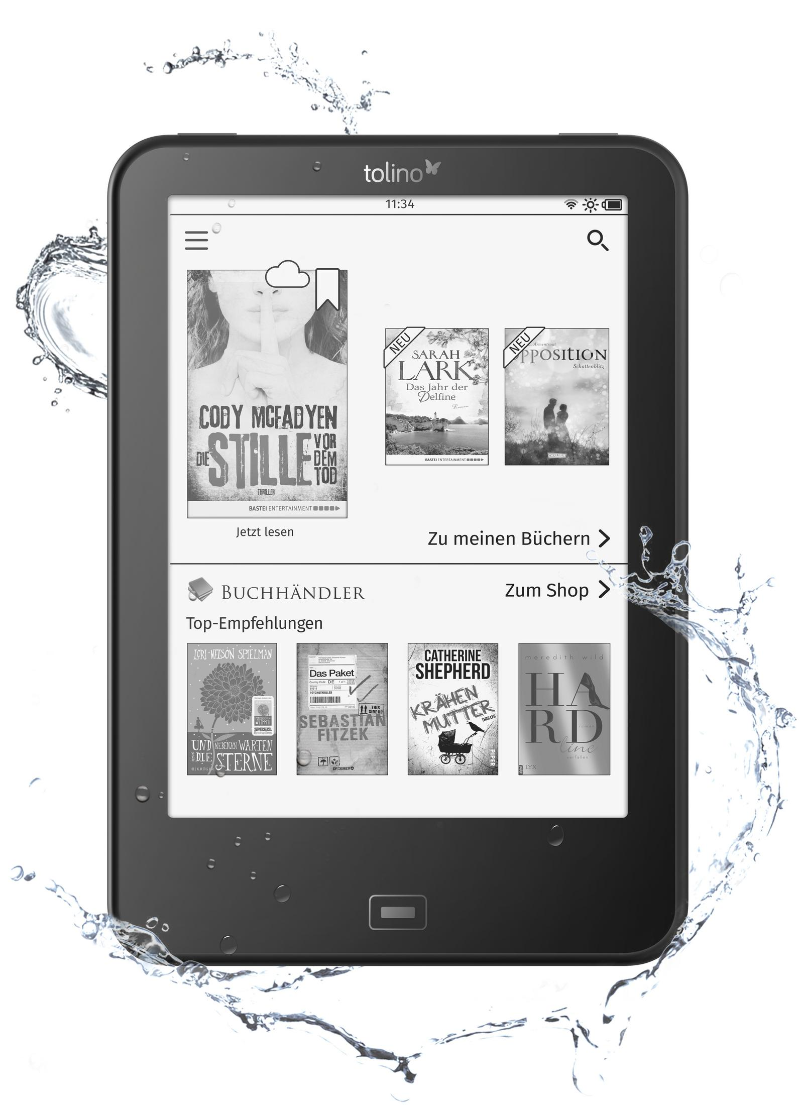 E-Reader mit Wasserspritzer, zeigt Buchcover auf dem Bildschirm.