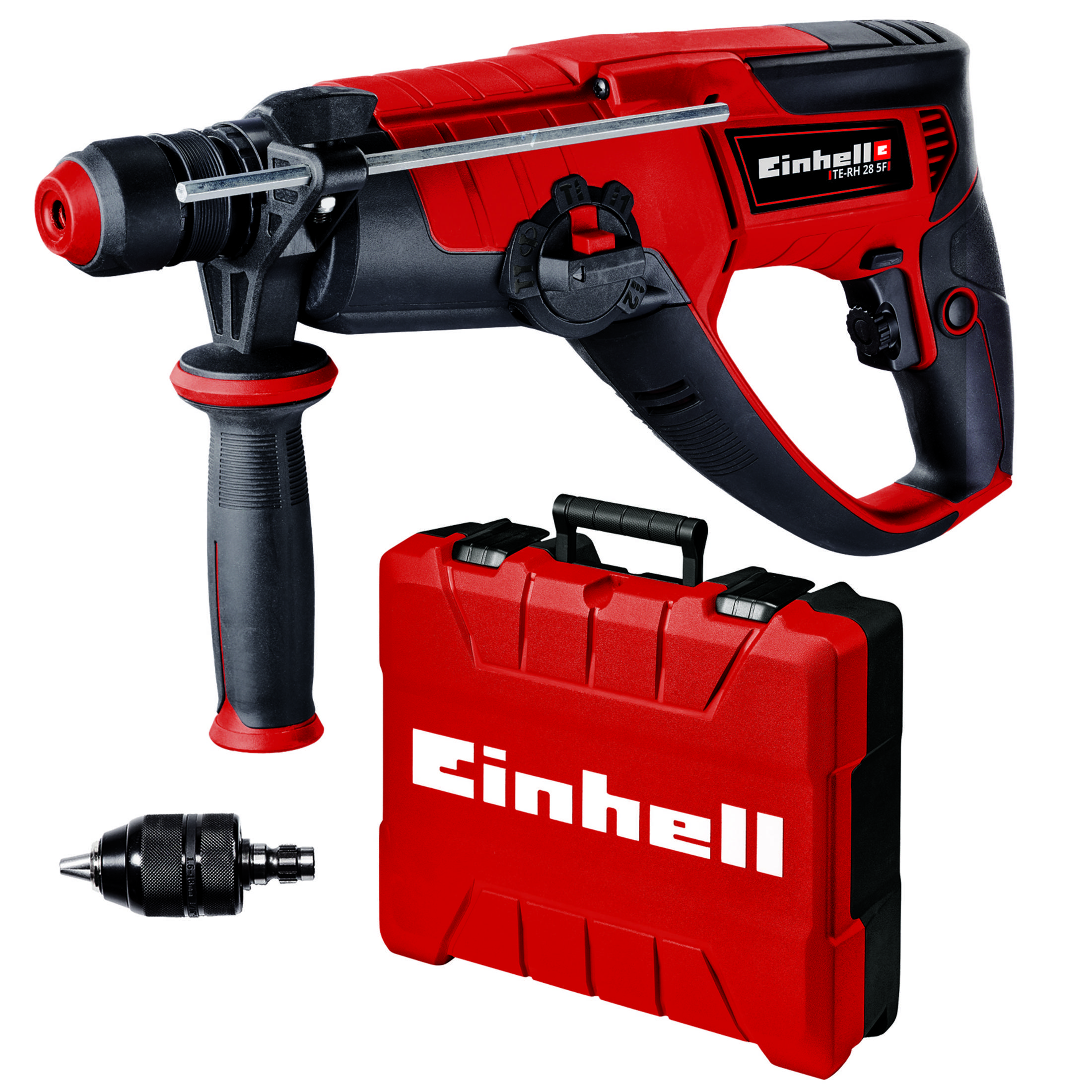 Trapano Einhell rosso e nero con accessori in una custodia.