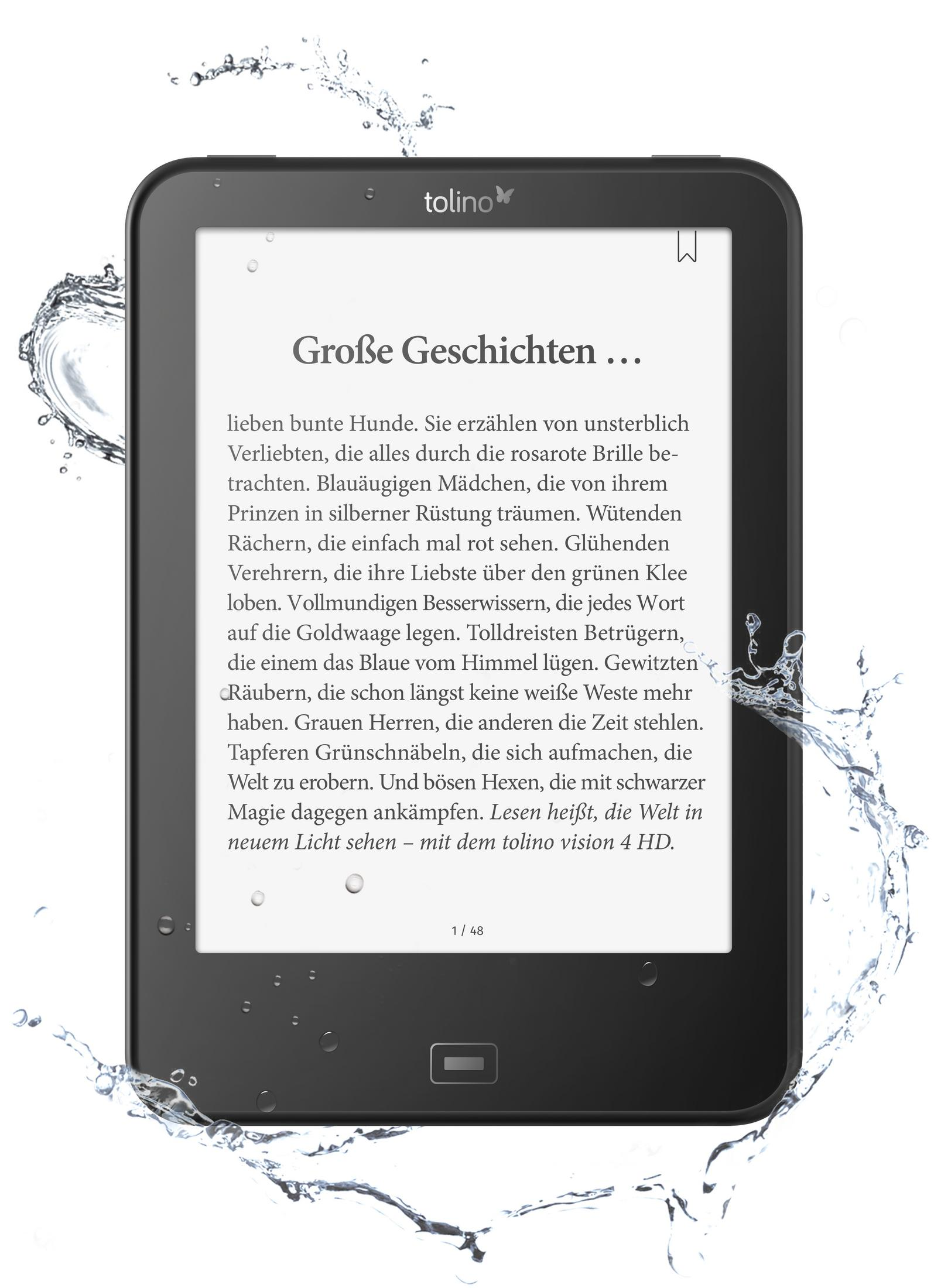 Ein E-Reader ist von Wasserspritzern umgeben. Der Bildschirm zeigt deutschen Text.