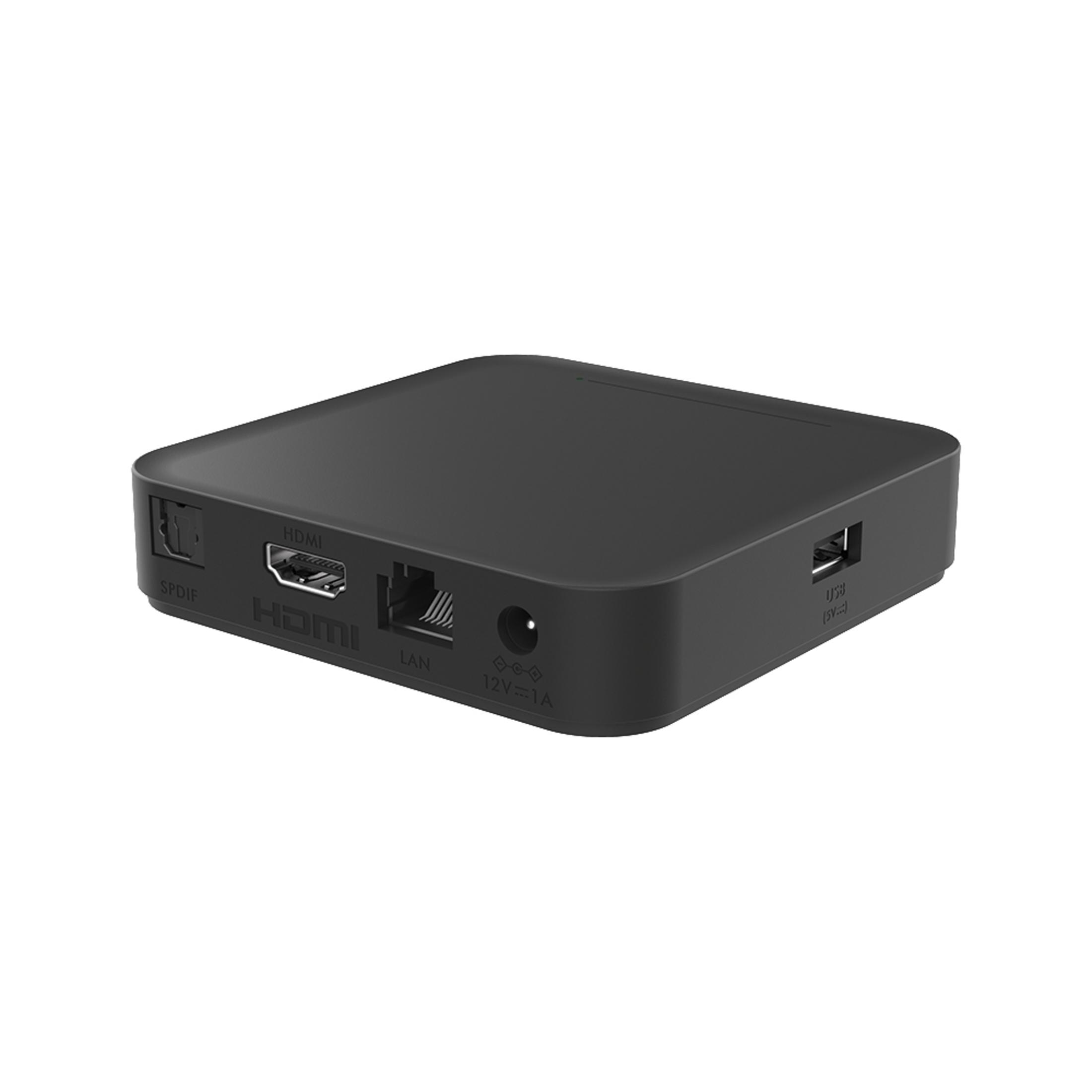 Reproductor multimedia negro con varios puertos: HDMI, LAN, USB y entrada de alimentación.