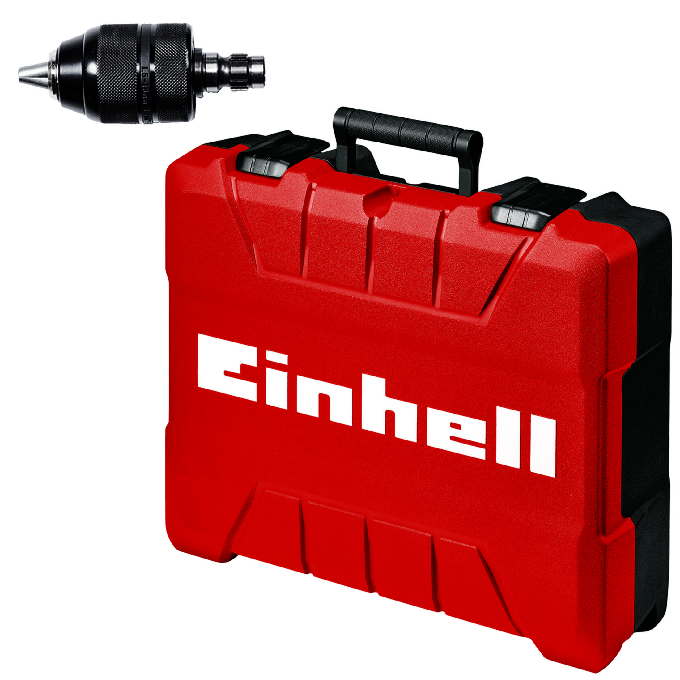 Valigetta per utensili Einhell rossa con un mandrino nero sopra. La valigetta è chiusa con una maniglia.