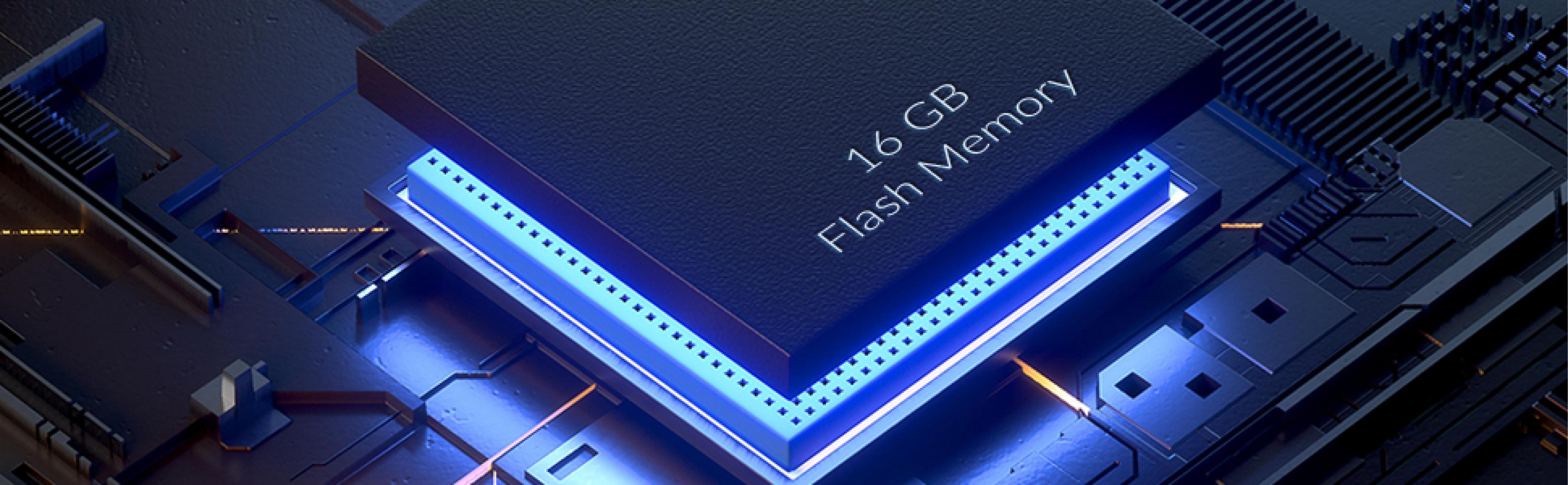 Primer plano de un chip de computadora con el texto "16 GB Flash Memory".