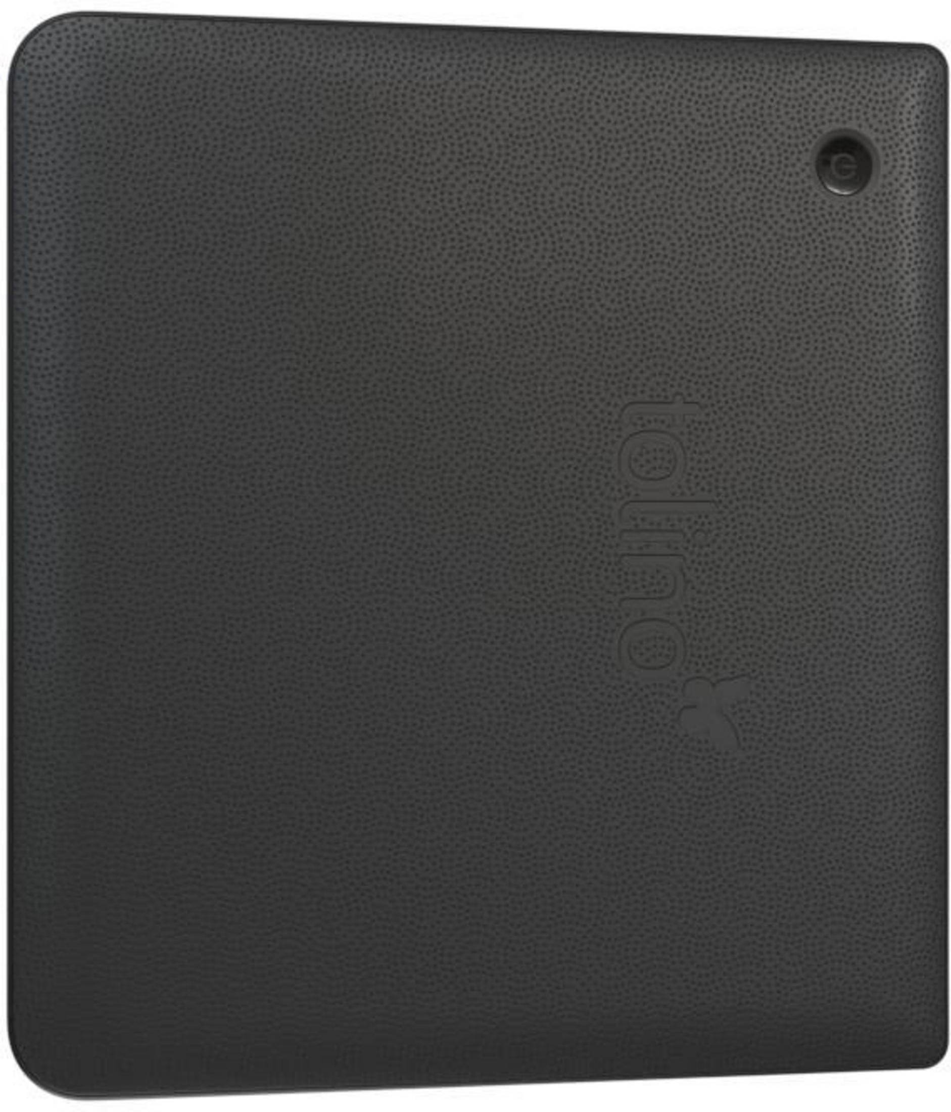 Un e-reader nero con il logo Tolino su sfondo bianco.