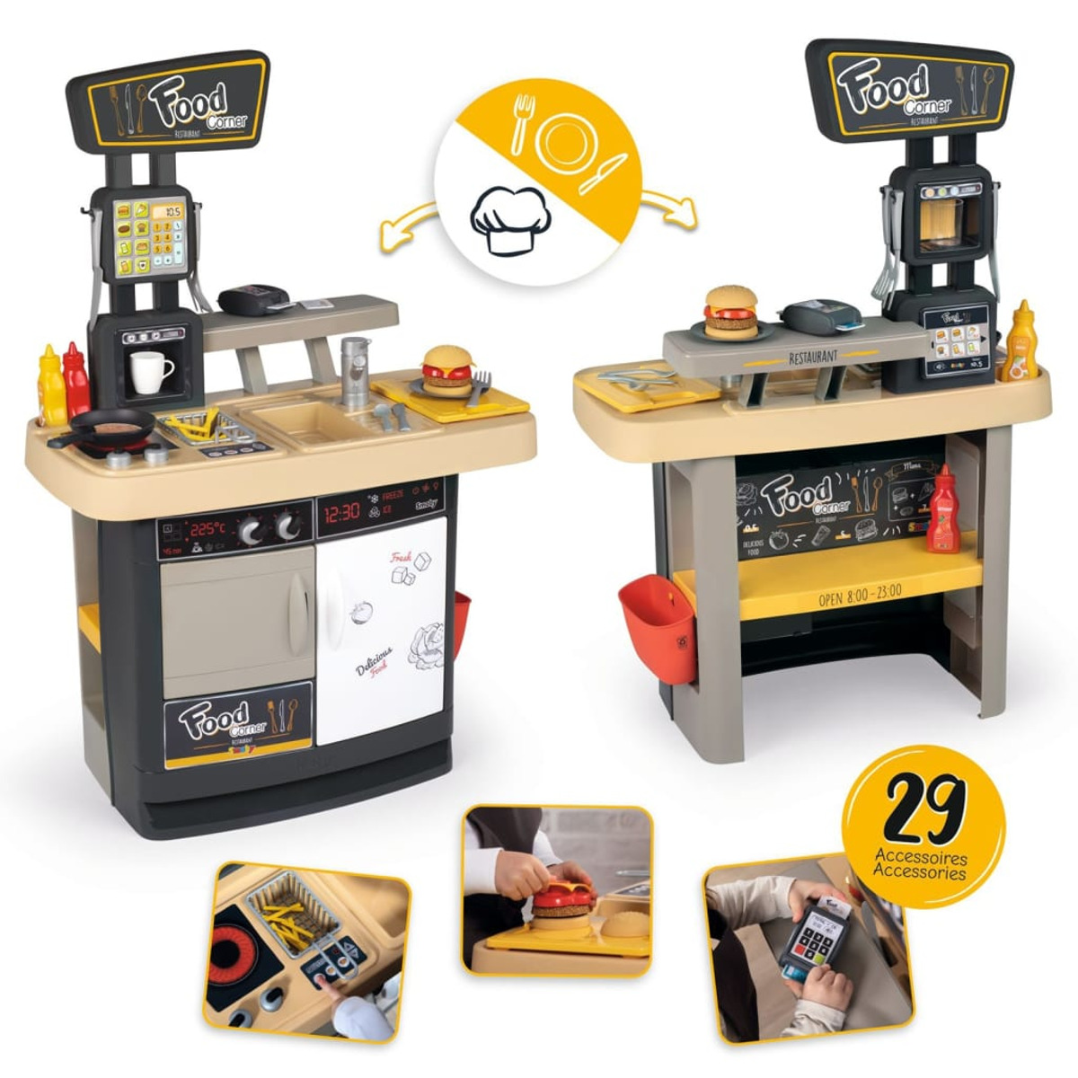 Dwa zestawy zabawek kuchennych z akcesoriami, takimi jak burger i frytki.