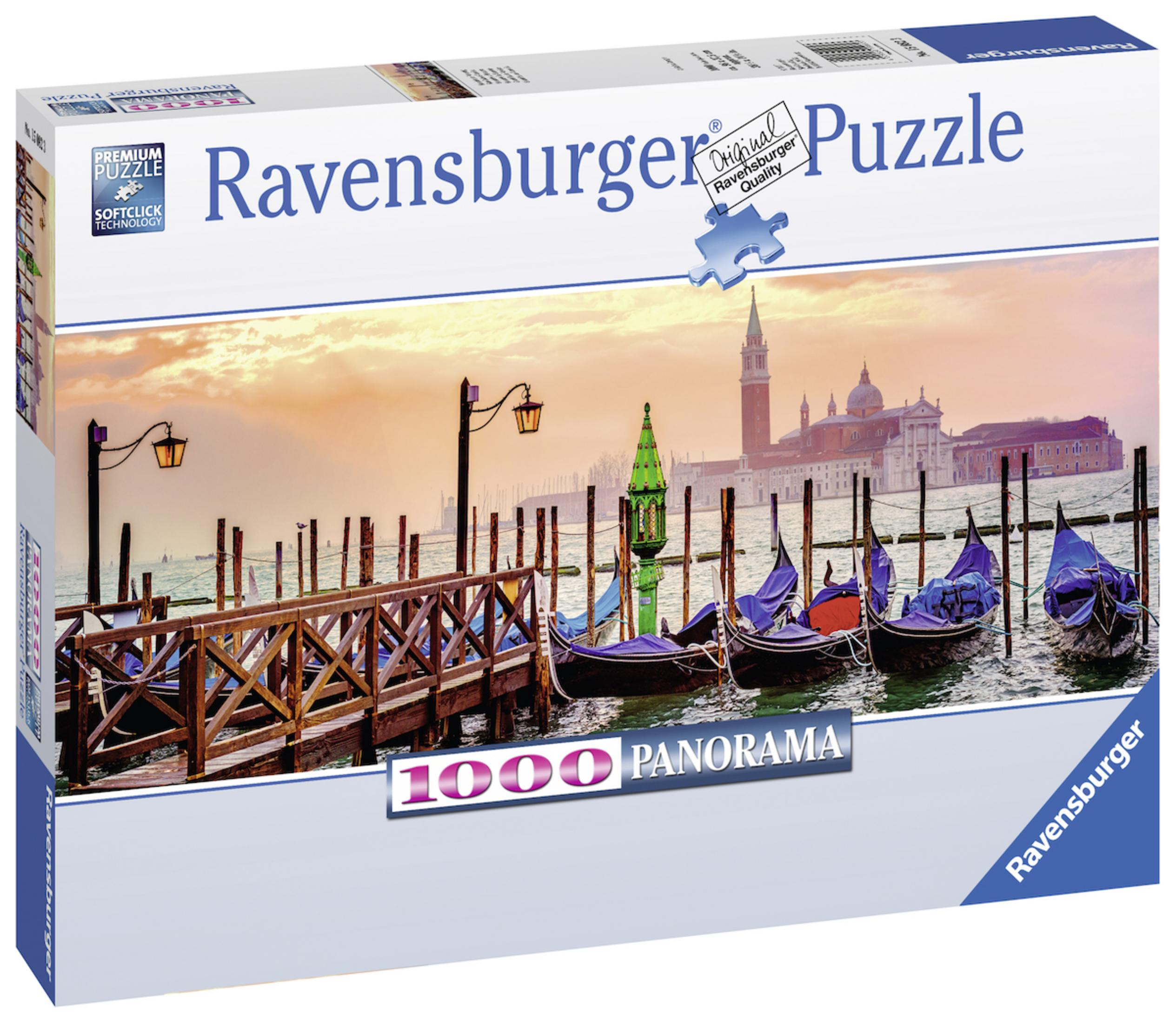 Ein Ravensburger Puzzlekarton zeigt Venedig mit Gondeln, mit einem Puzzleteil und Markennamen.