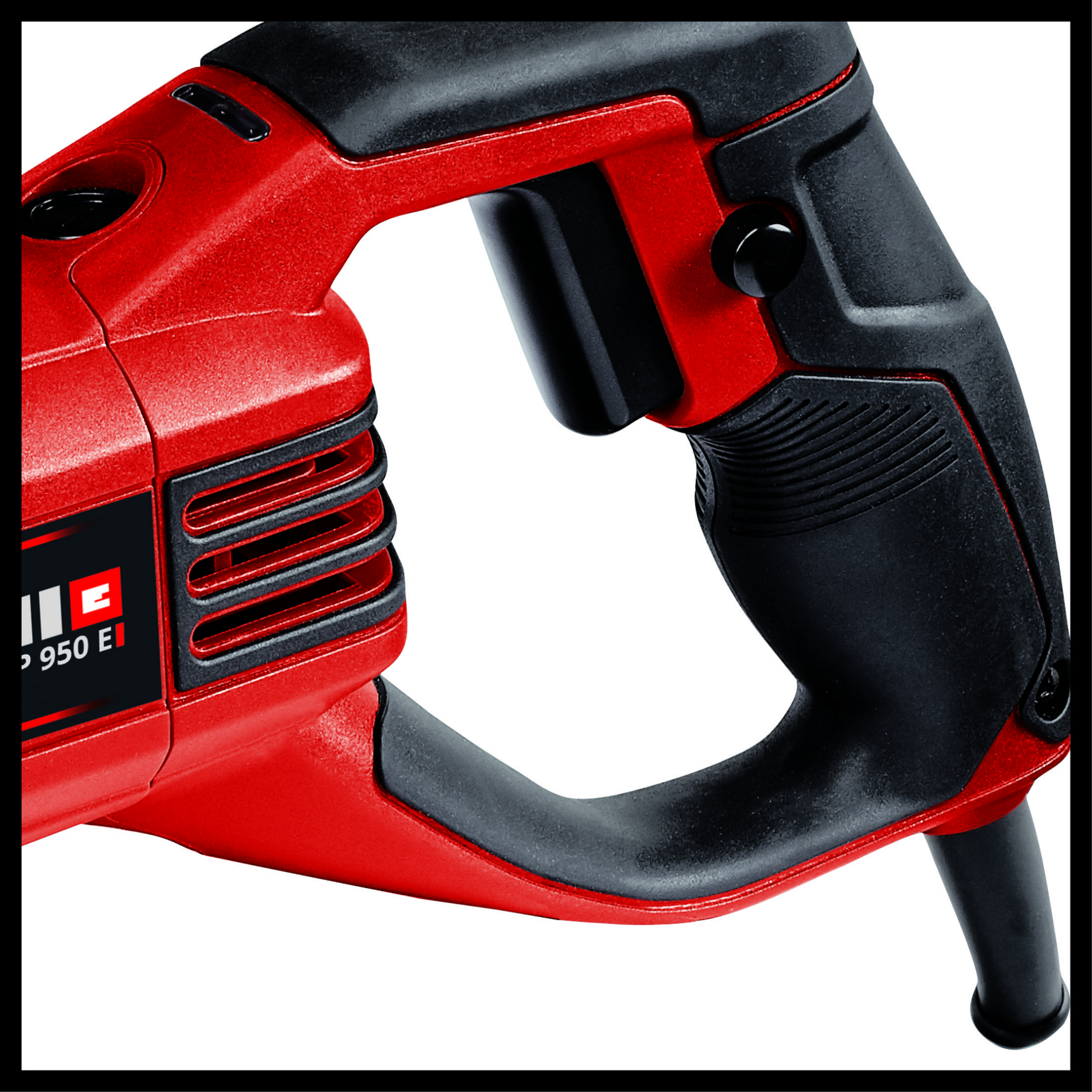 Primer plano de un mango de herramienta eléctrica rojo y negro con un botón negro.