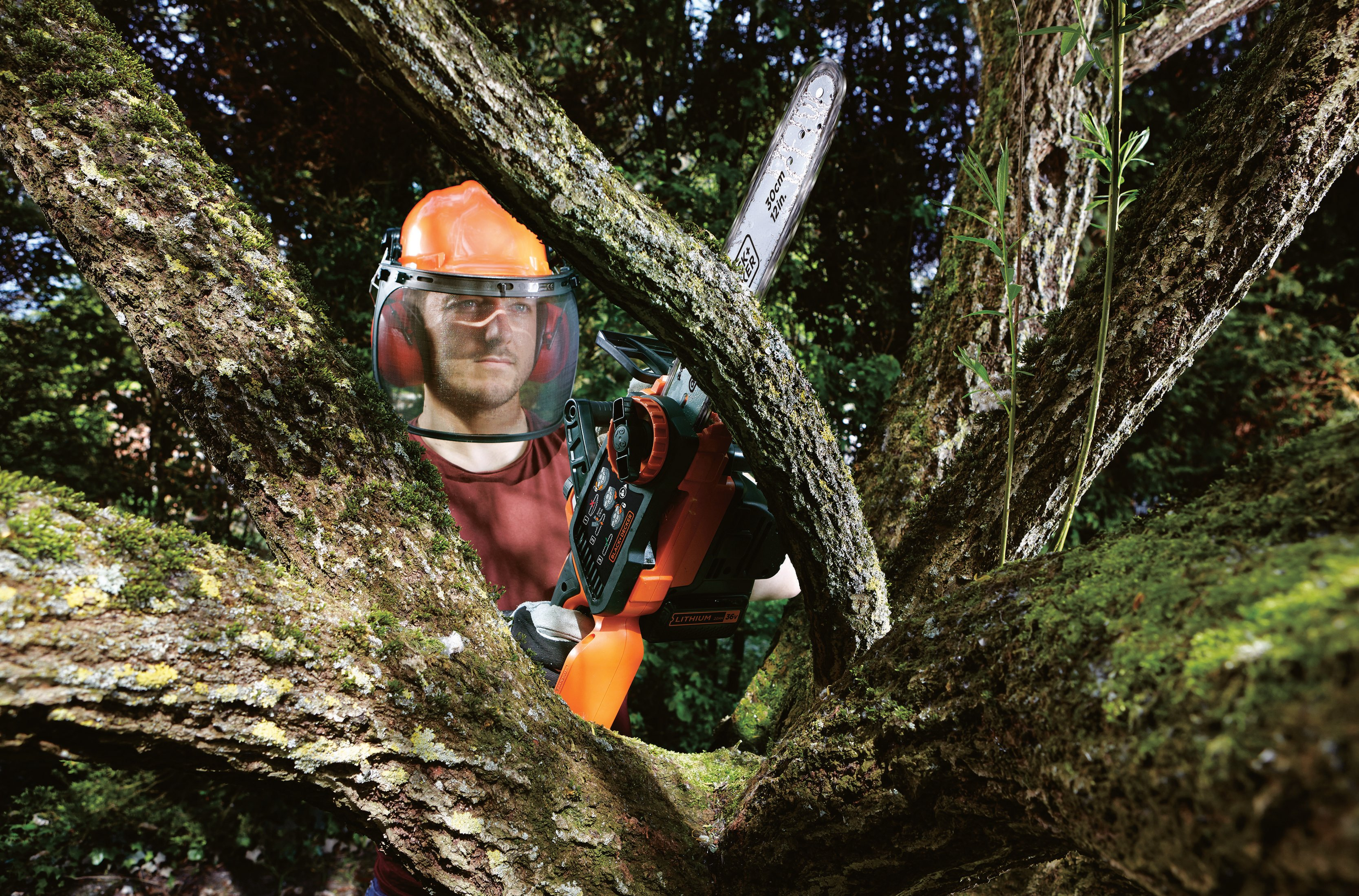 Mann mit Kettensäge im Wald, trägt Schutzkleidung. Äste im Vordergrund.