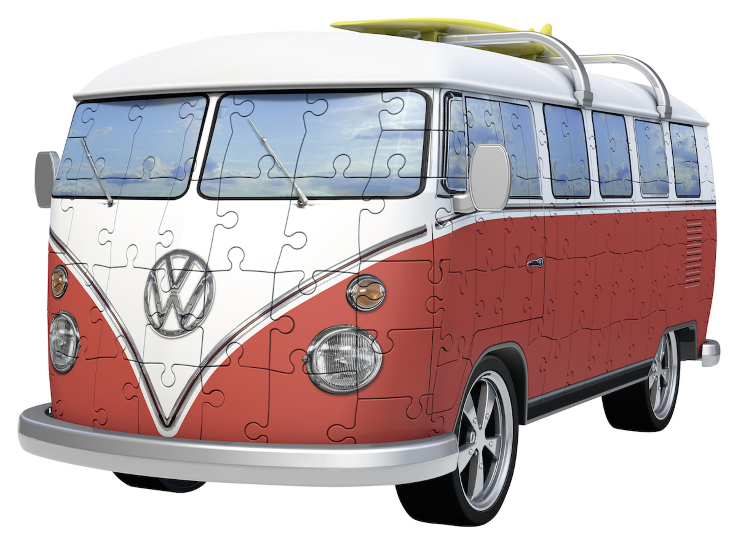 Volkswagen Puzzle eines rot-weißen Vans mit gelbem Surfbrett oben drauf.