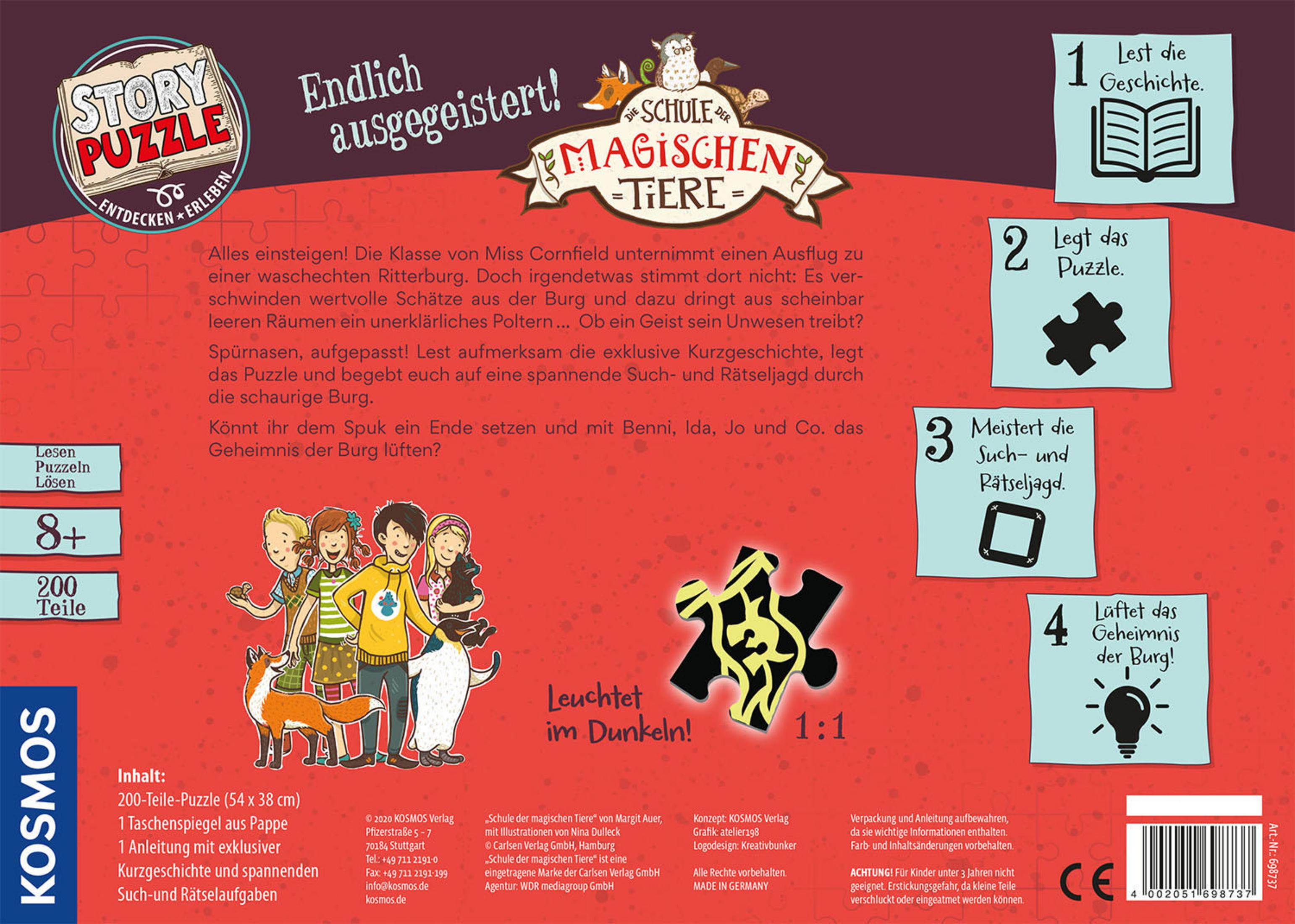 Puzzledose mit Kindern und Fuchs. Text: 'Story Puzzle', 'Schule der magischen Tiere'.