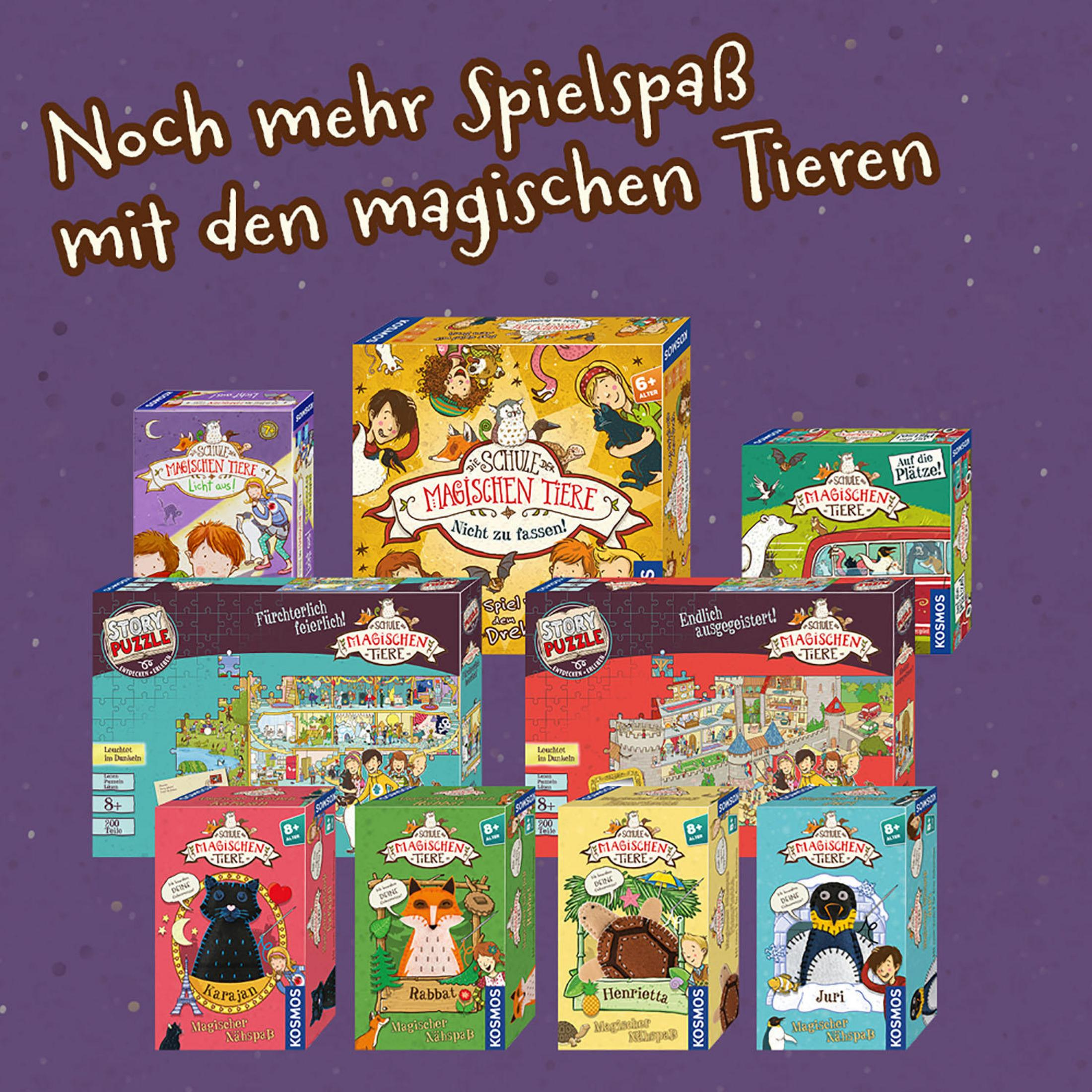 Verschiedene Kinderbuchcover mit 'Die magischen Tiere' in lila Umgebung.