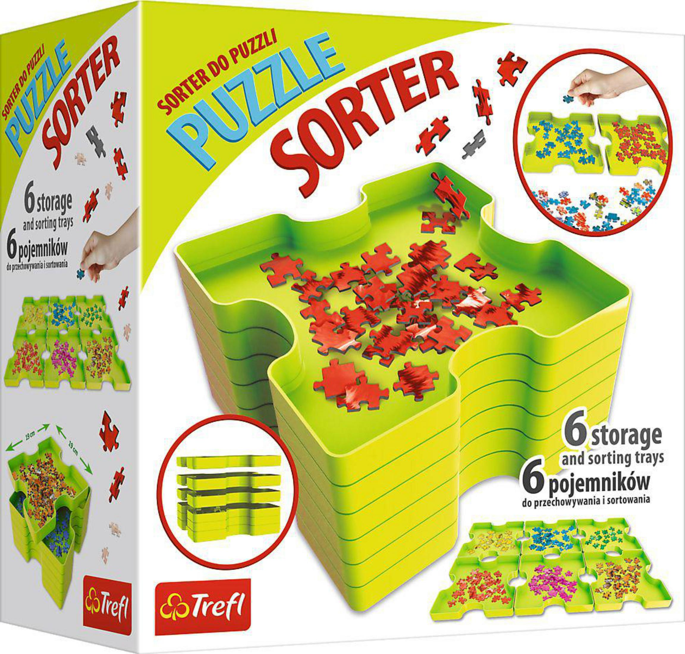 Scatola per l'ordinamento dei puzzle con puzzle e vassoi. Verde e rosso.