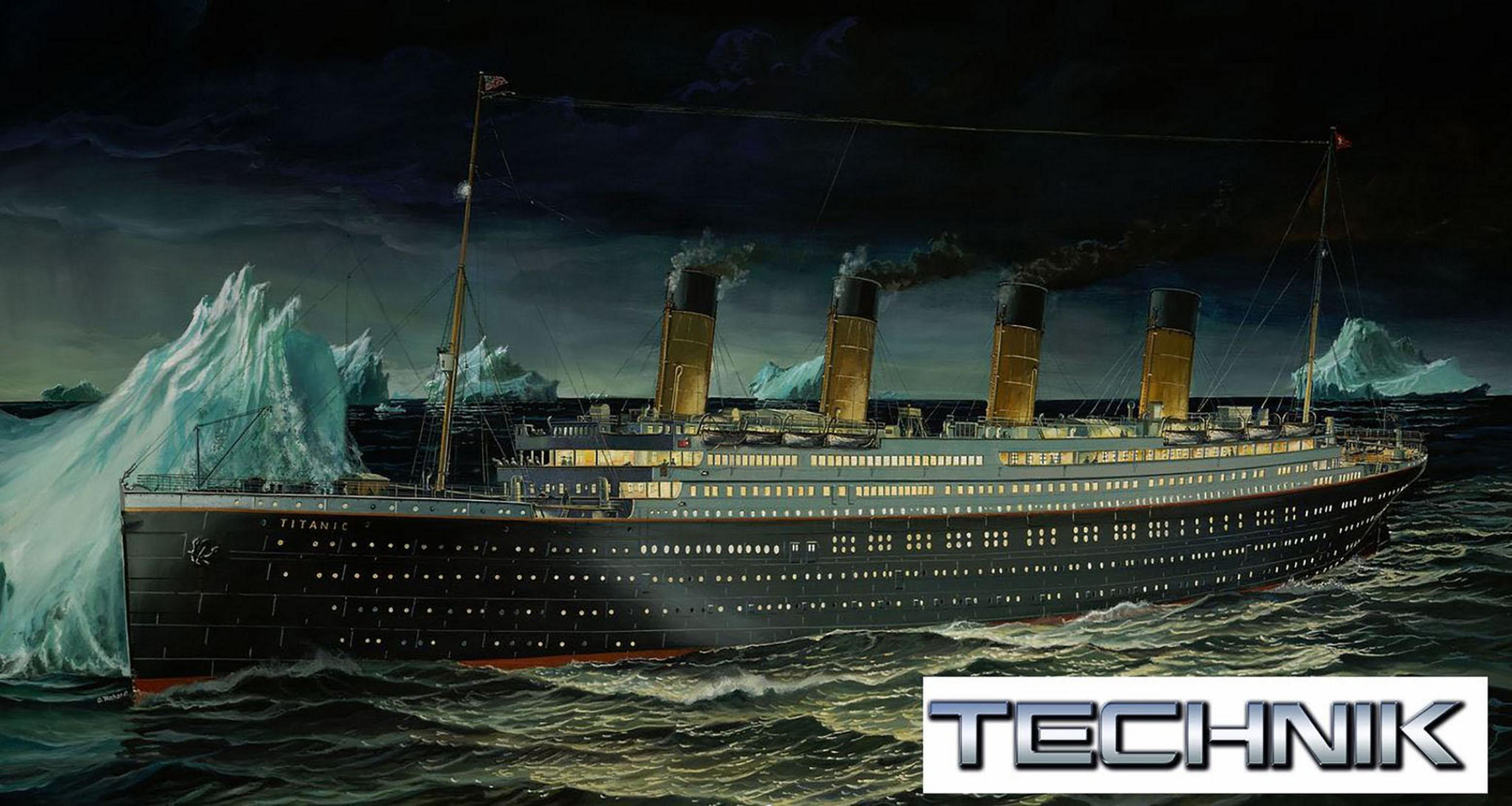 Titanic-Schiff-Illustration, das durch dunkles Wasser fährt, mit Eisbergen und Nachthimmel.