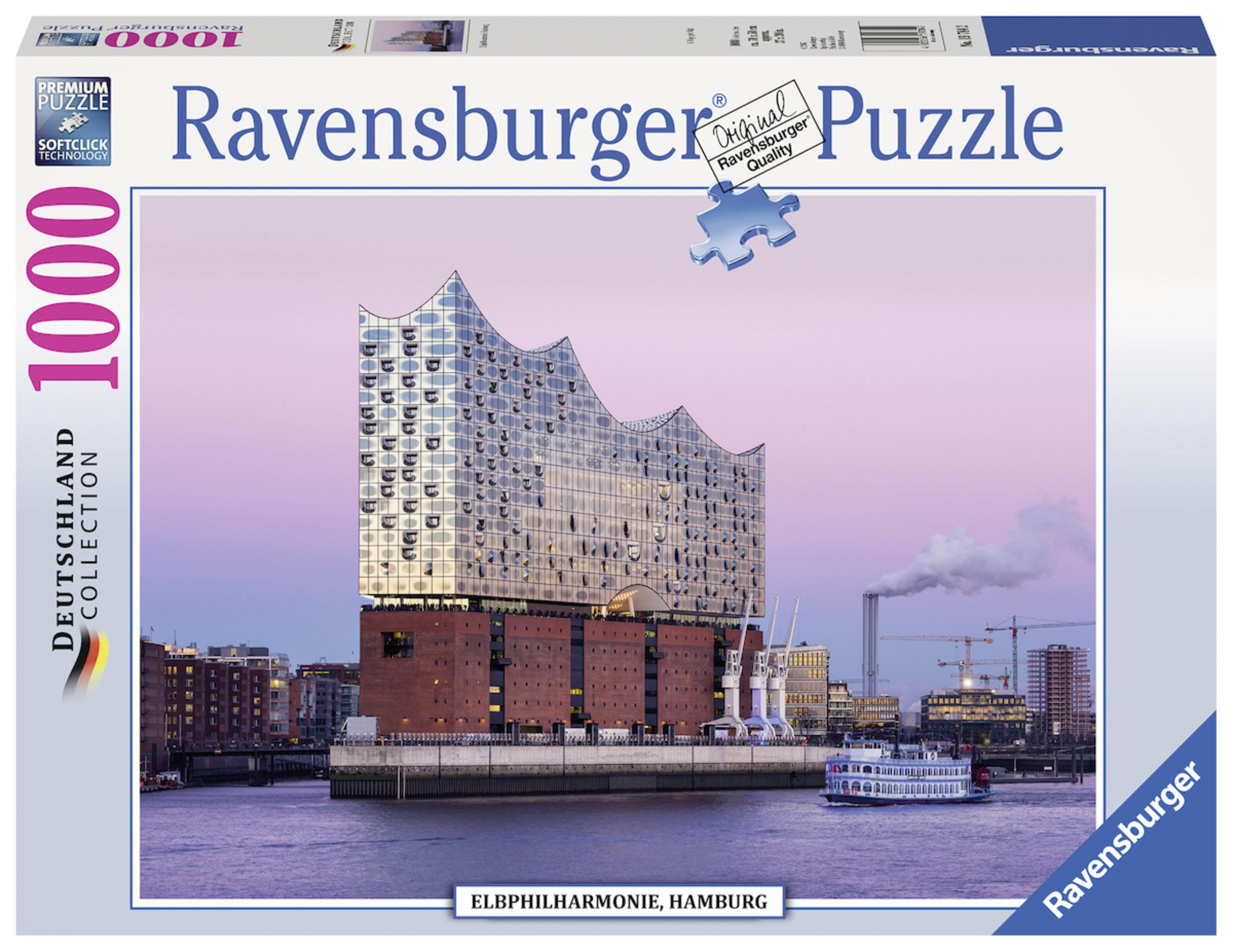 Ein Ravensburger Puzzlekarton mit einer Hafenszene, einem großen Gebäude und einem Kreuzfahrtschiff.