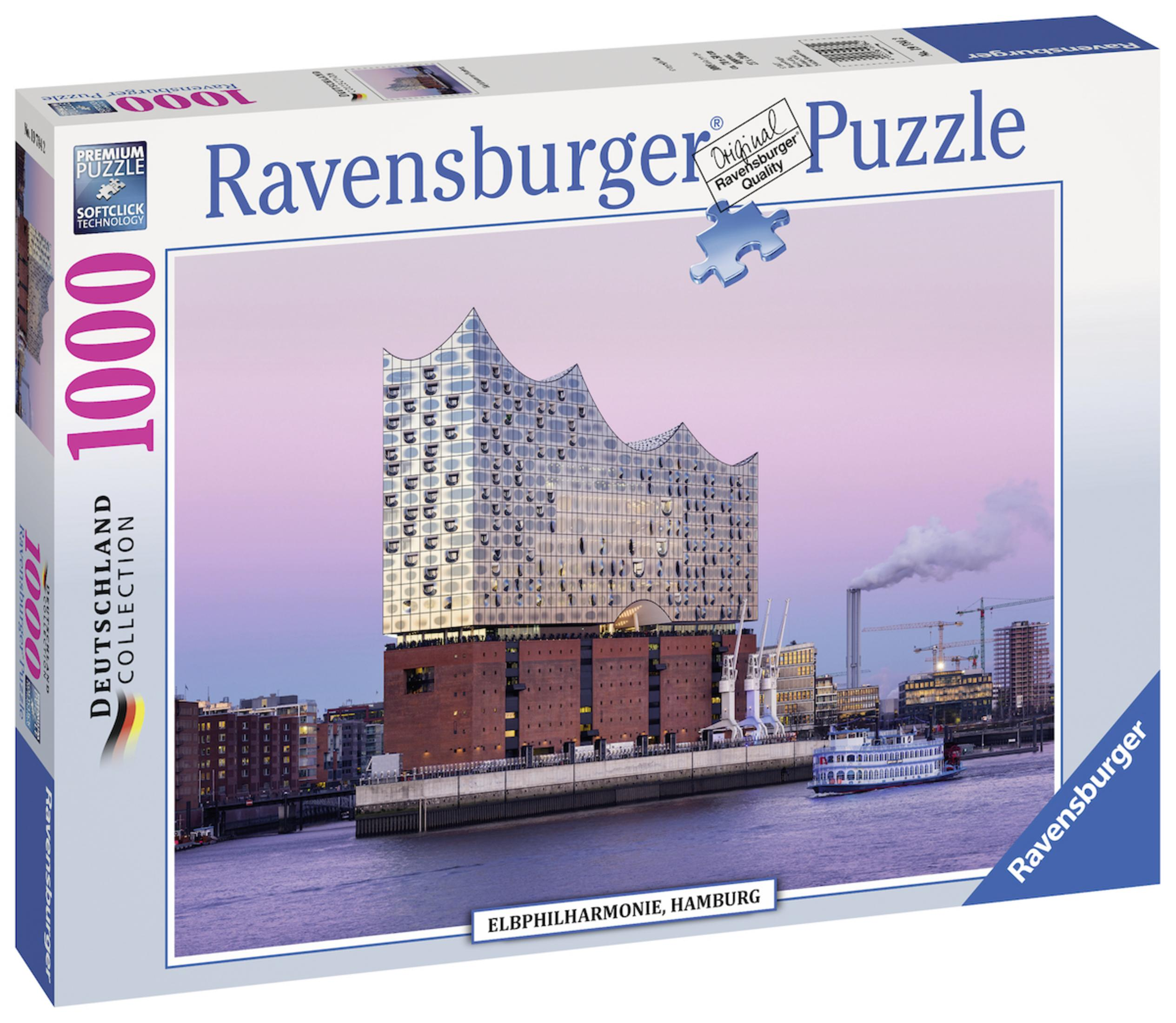 Ravensburger-Puzzledose mit einem Bild der Elbphilharmonie, Hamburg, an einem Fluss.