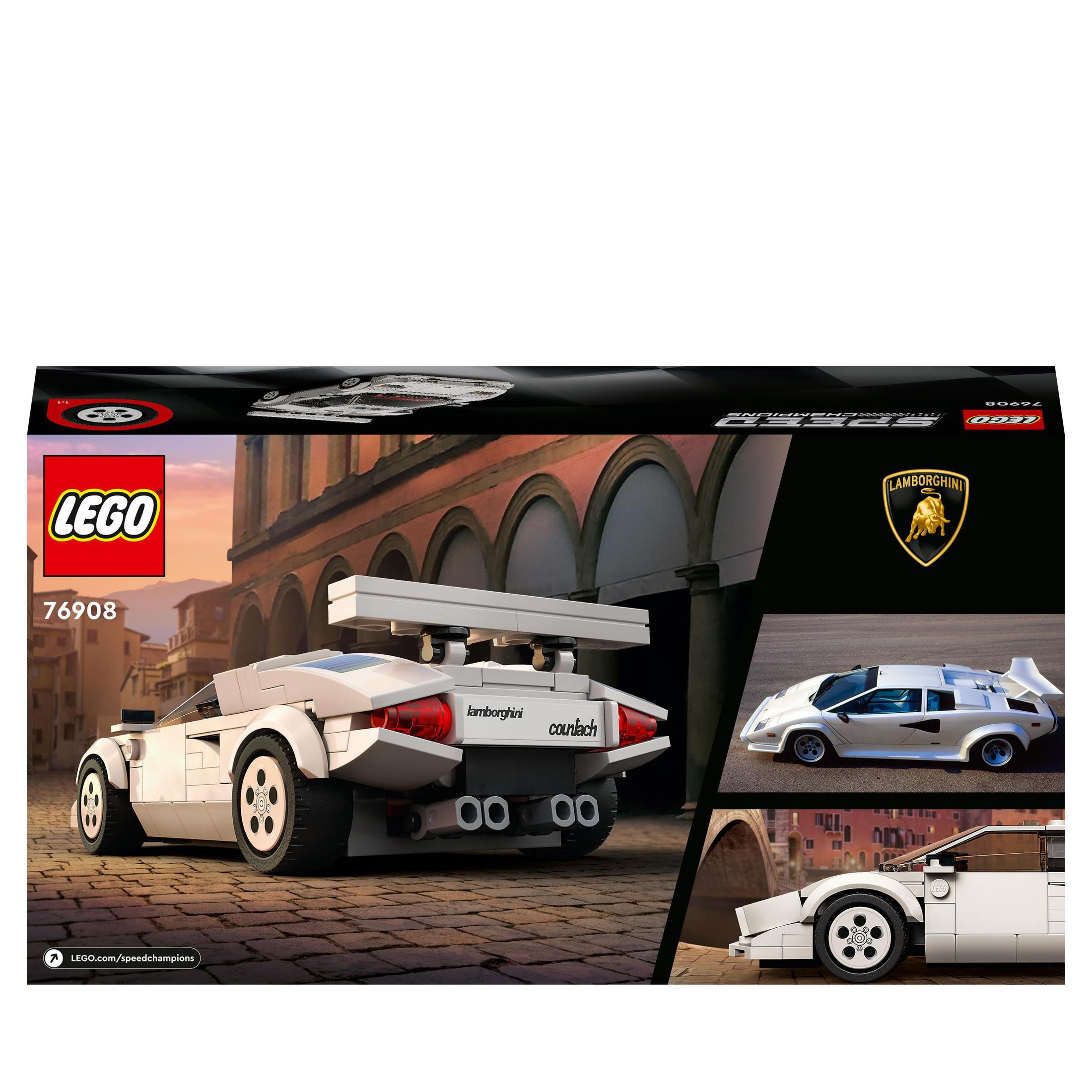 Rückseite der Lego-Box mit weißem Automodell, Lamborghini Countach, und Ansichten des Autos aus verschiedenen Winkeln.