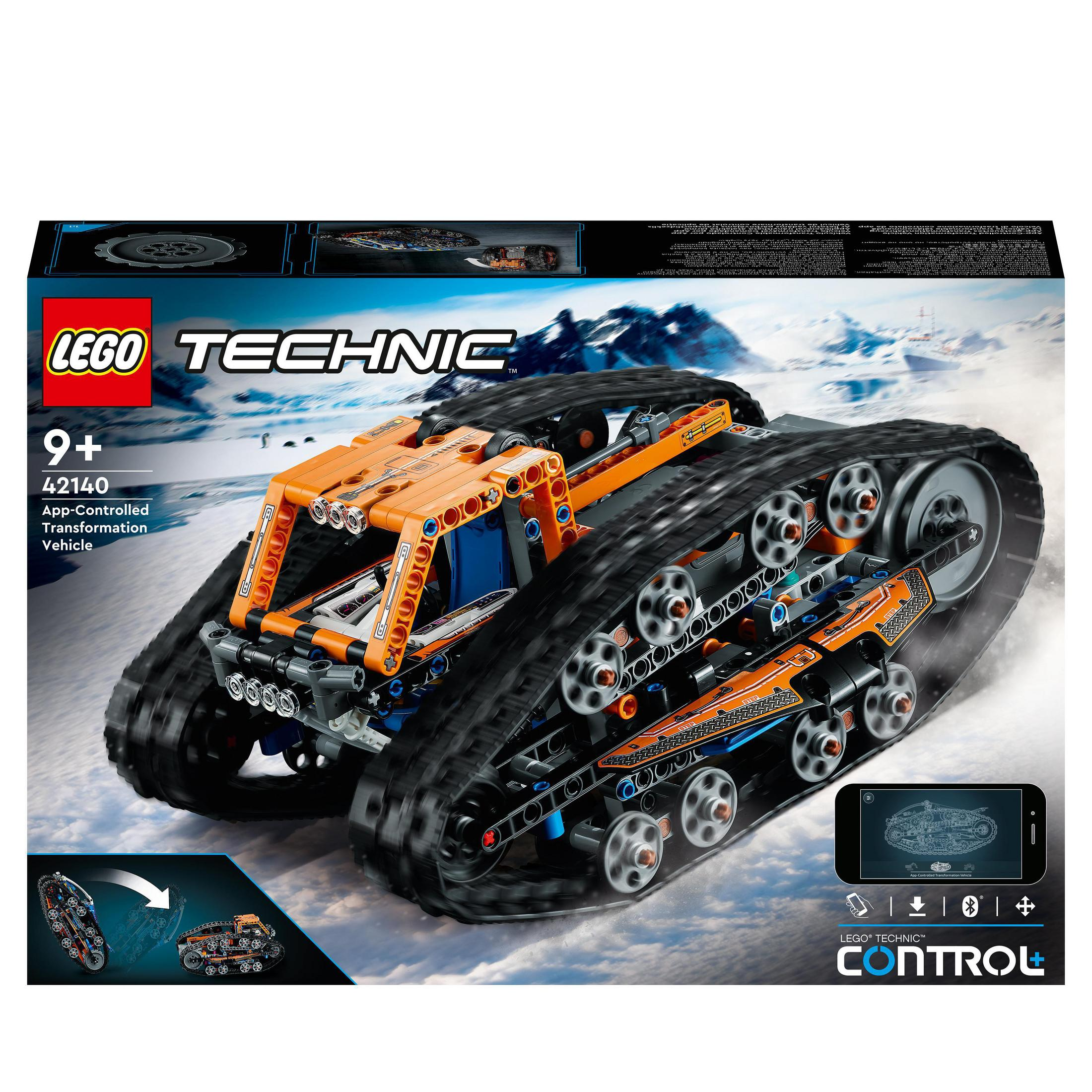 Pudełko Lego Technic z pojazdem gąsienicowym. Pudełko ma biało-niebieskie tło.