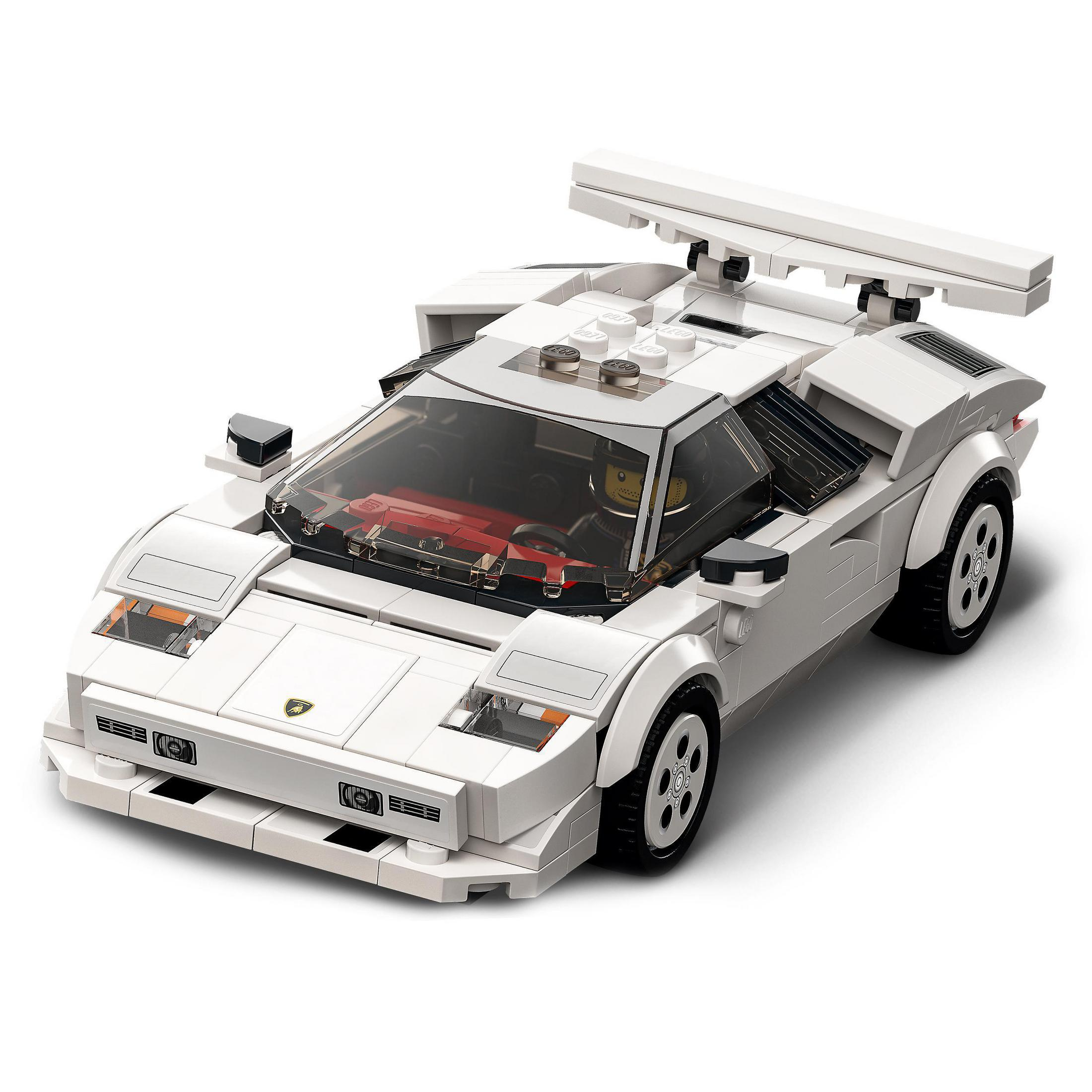 Ein weißes LEGO Countach-Automodell. Der rote Motor ist leicht durch die Windschutzscheibe sichtbar.