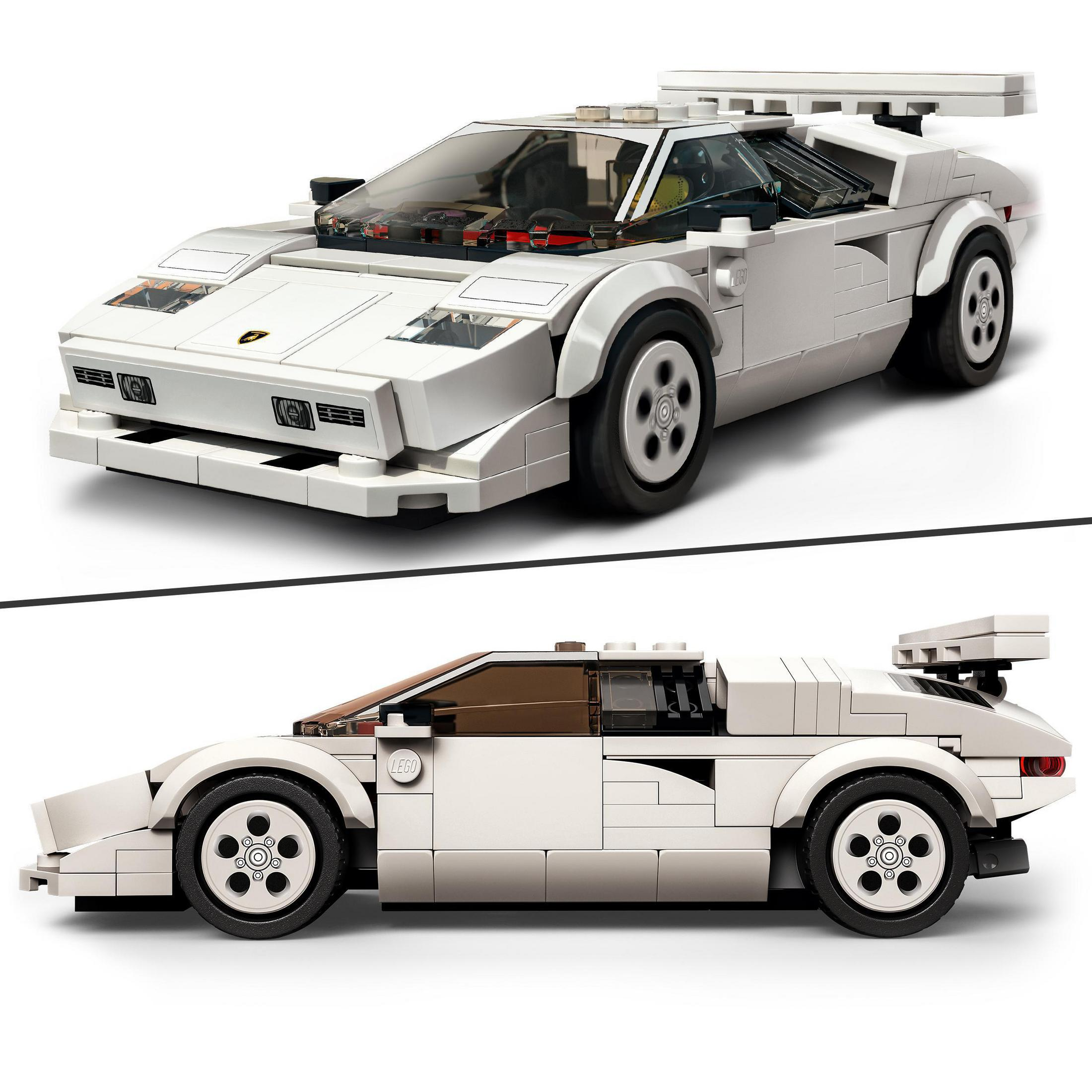 Weißes Lego-Modellauto, ein Lamborghini Countach, in zwei Ansichten, vorne und Seitenprofil.