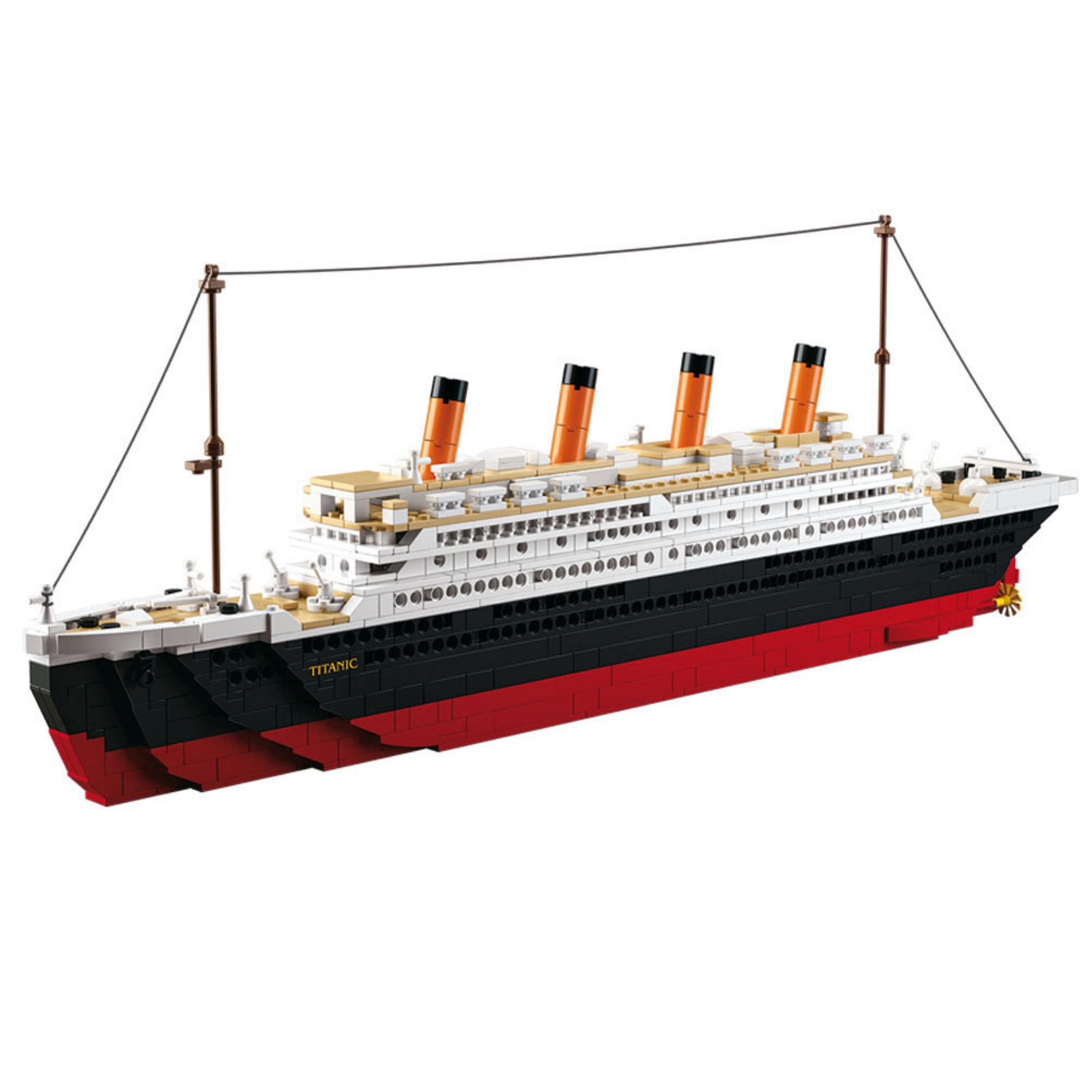 Titanic Schiffsmodell. Schwarzer und roter Rumpf, weißer Aufbau, vier orangefarbene Schornsteine und Takelage.