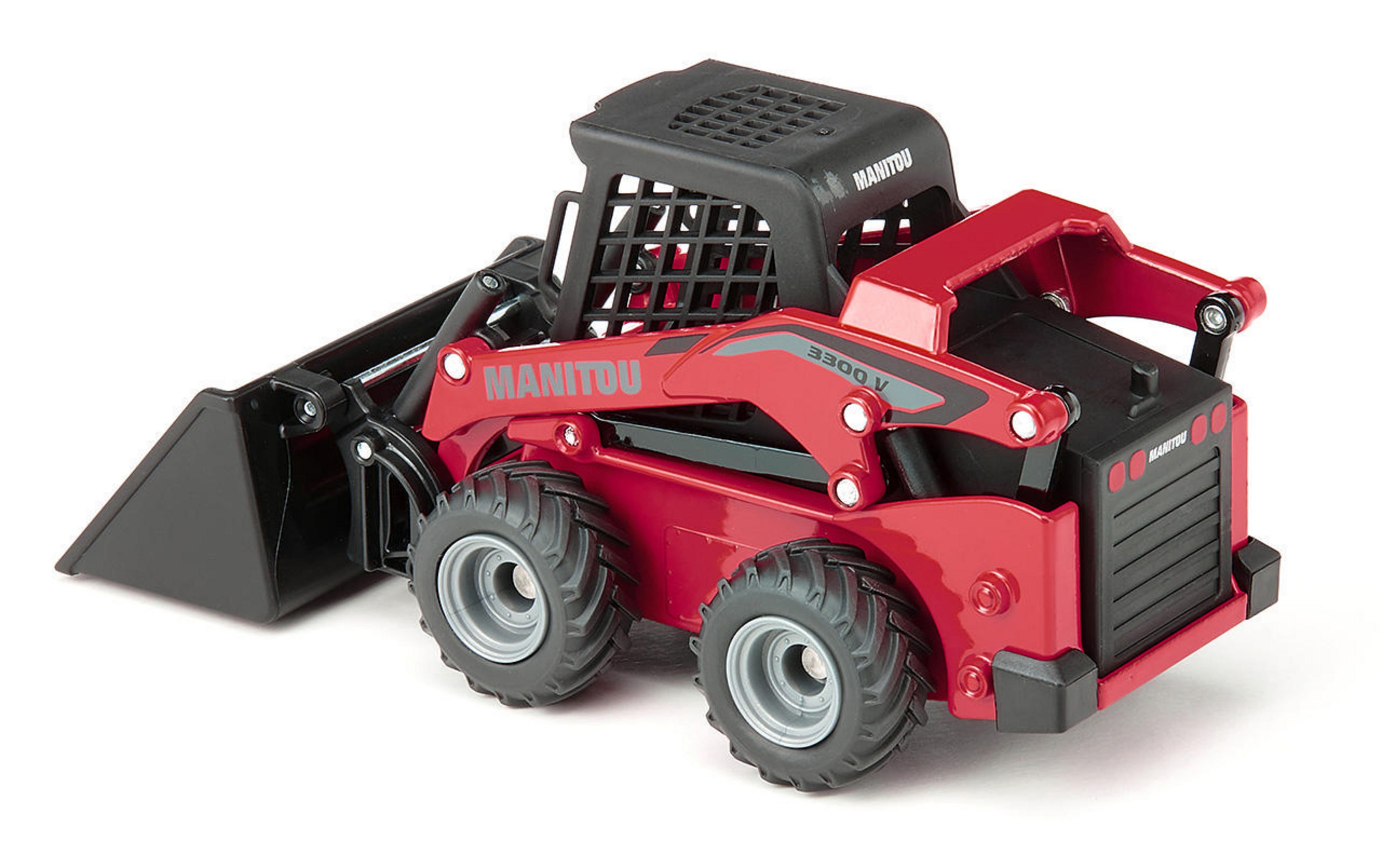 Rotes und schwarzes Manitou 3300V Spielzeug-Baufahrzeug. Auf weißem Hintergrund, mit angehobener Schaufel.