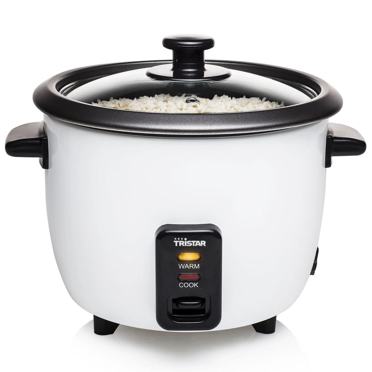 Biały garnek do gotowania ryżu. Ma czarną pokrywkę, panel sterowania ze światłami i uchwyty.