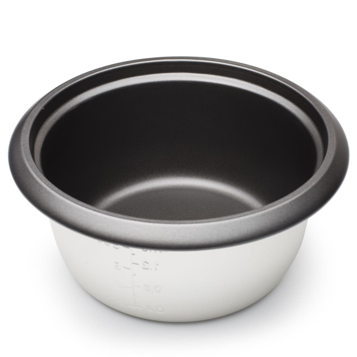 Biały i szary wewnętrzny garnek do gotowania ryżu z oznaczeniami pomiarowymi.