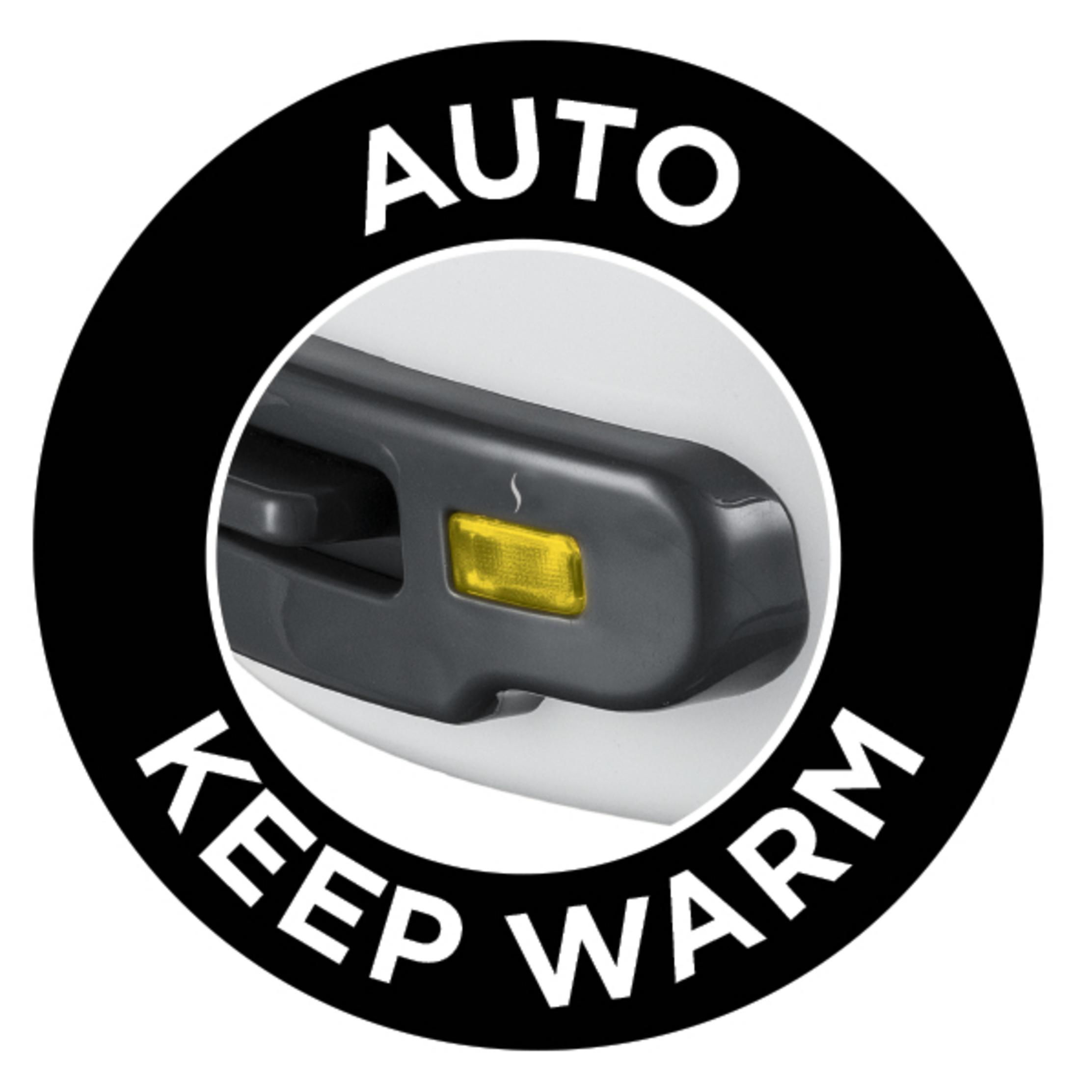 Primo piano di un pulsante nero e grigio con testo 'AUTO KEEP WARM'.