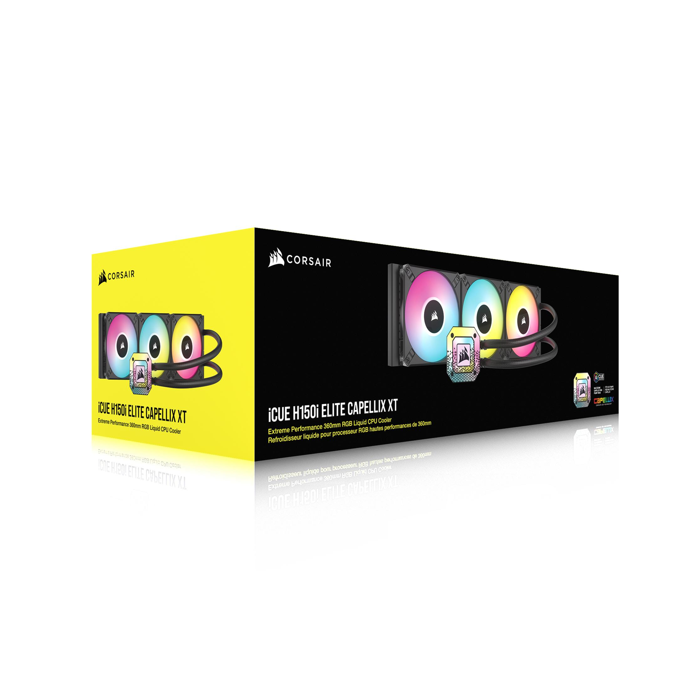 Corsair iCUE H150i ELITE CAPELLIX XT Kühlerbox. Die Box ist gelb, der Kühler wird präsentiert.