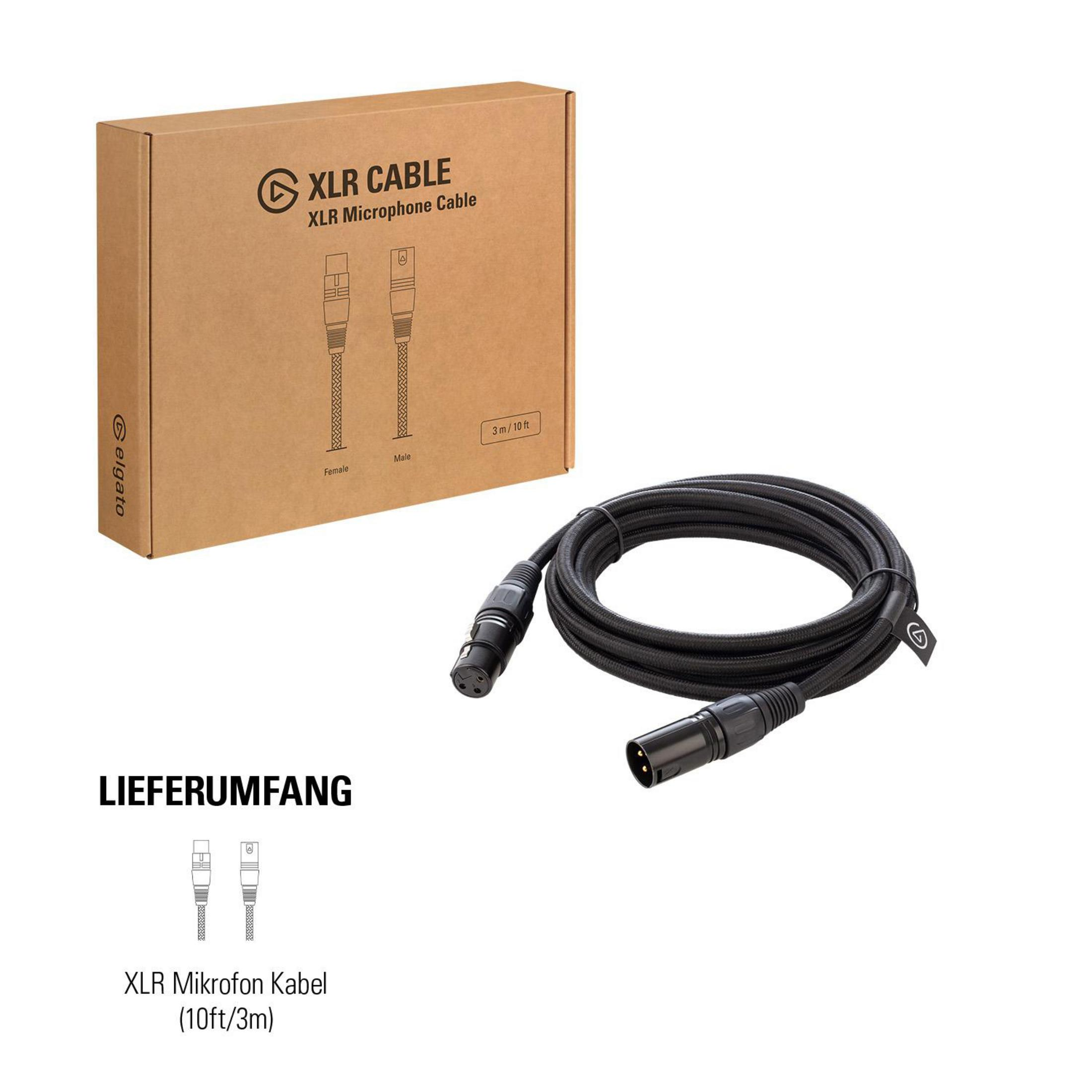 XLR-Mikrofonkabel mit Box. Die Box zeigt ein Kabeldiagramm, das Kabel ist schwarz mit silbernen Steckern.
